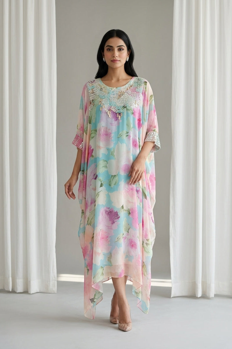 Aqua Blue Embellished Georgette Kaftan Tunic