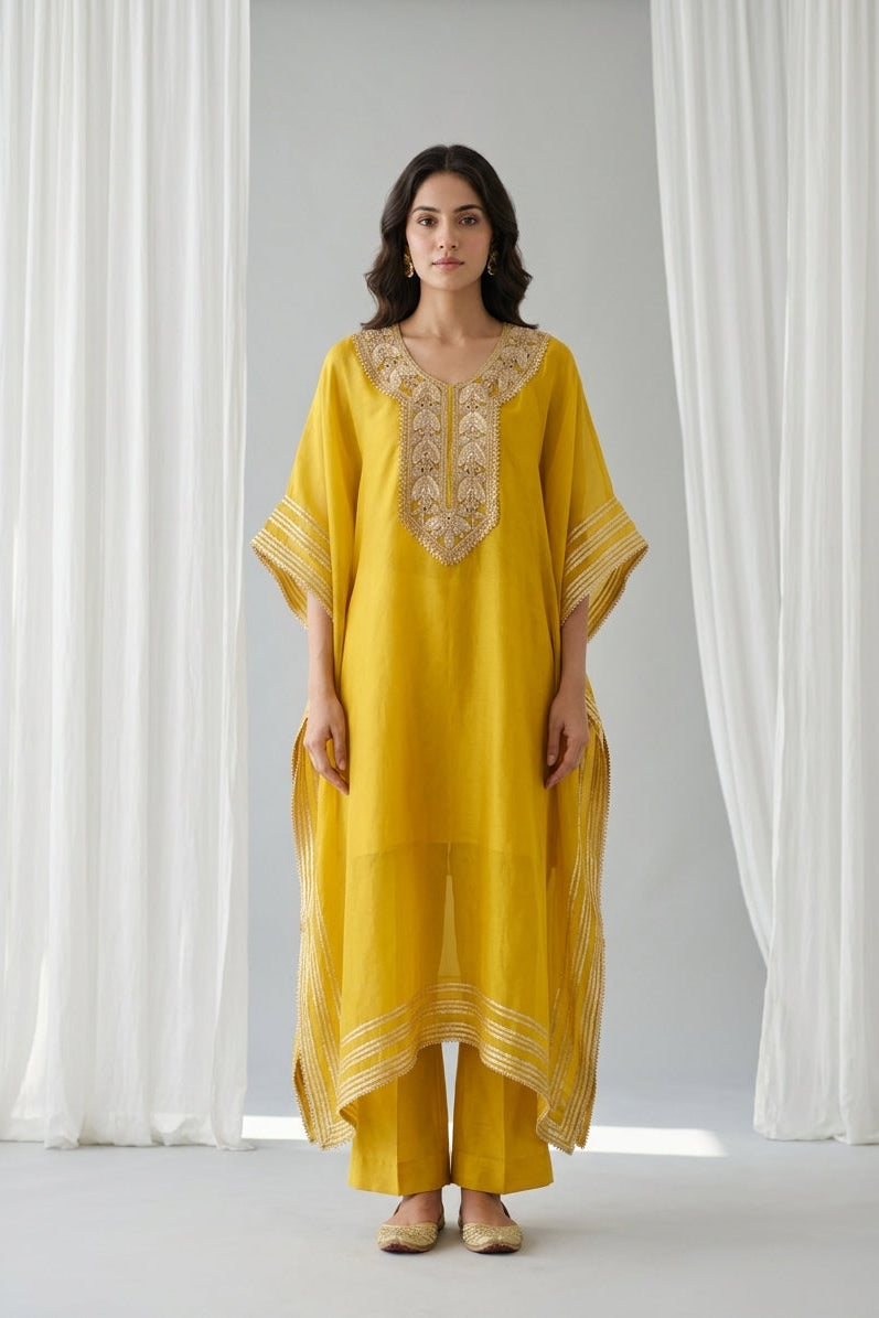 Canary Yellow Embroidered Organza Kaftan Tunic