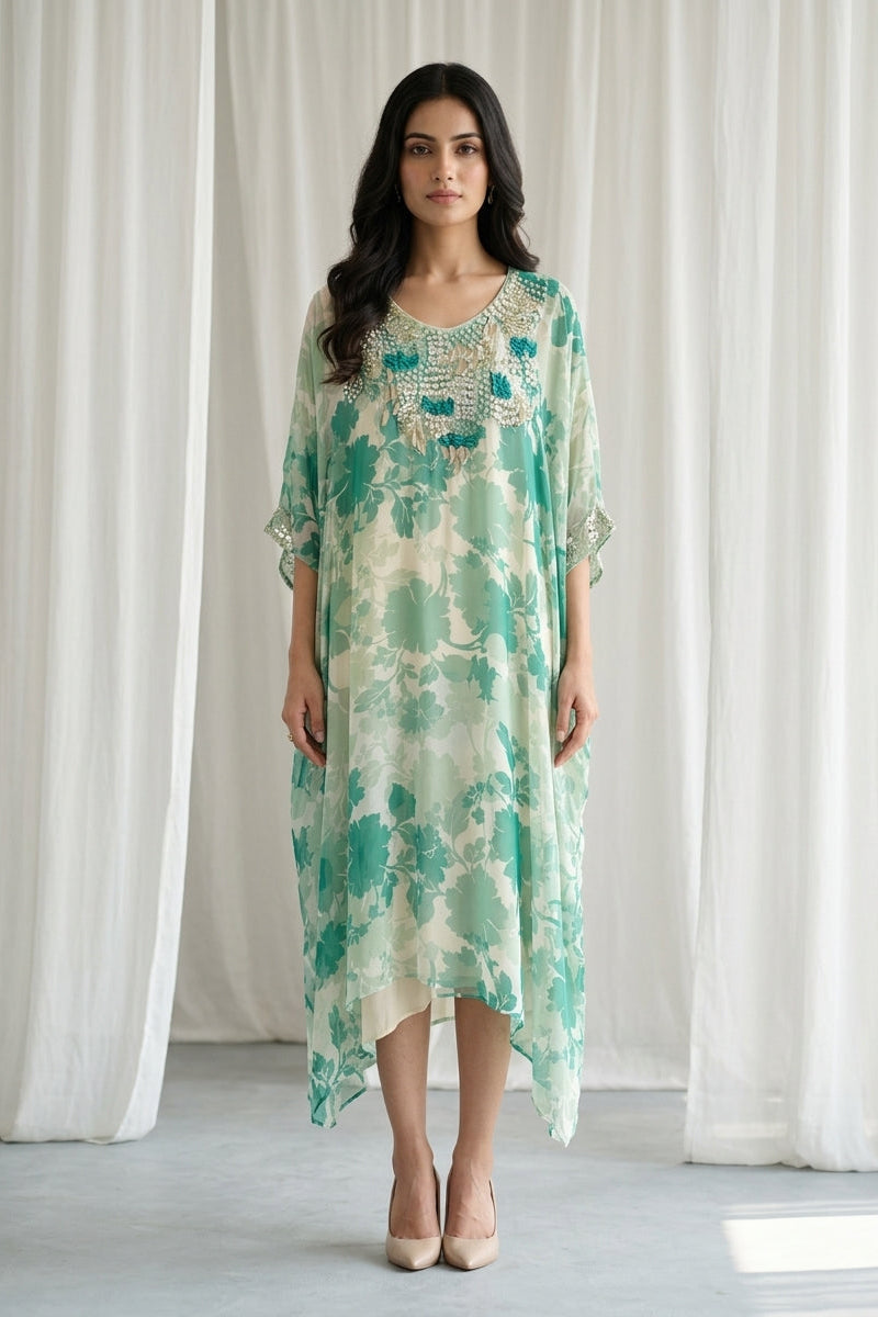 Mint Teal Embellished Georgette Kaftan Tunic