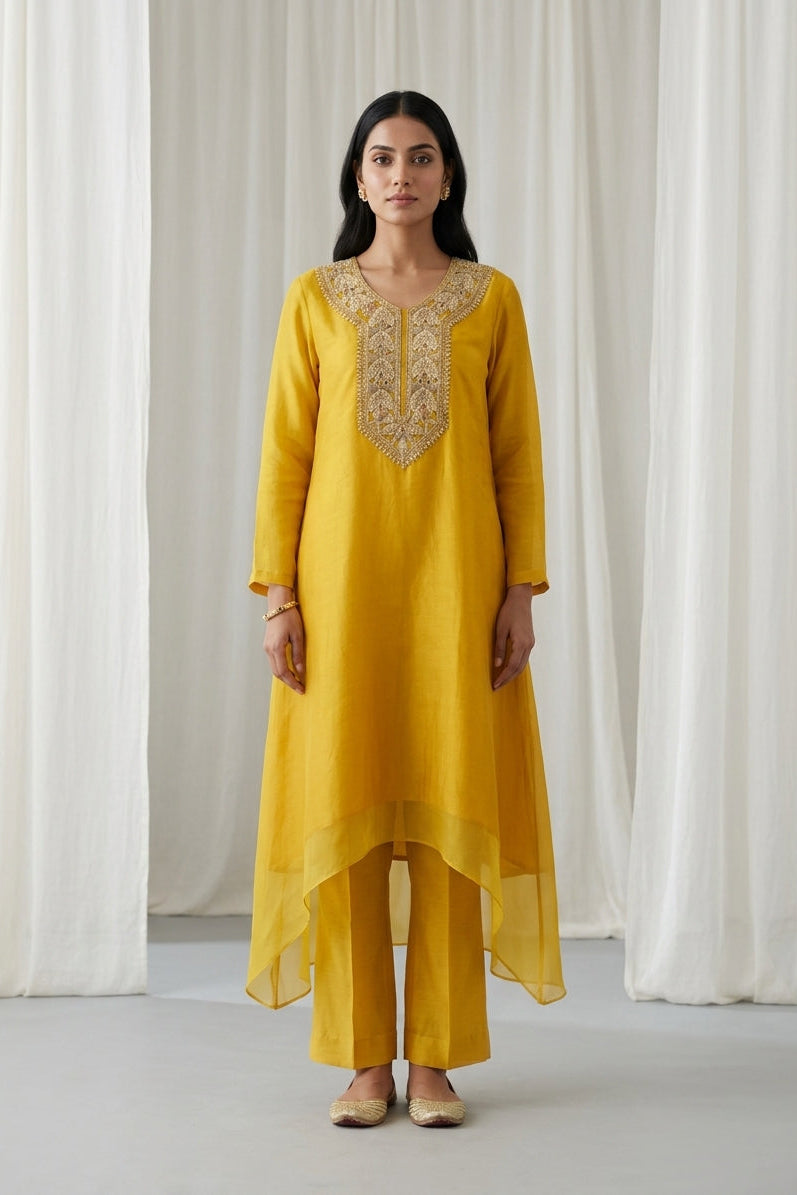 Bright Yellow Embroidered Organza Kurta Tunic