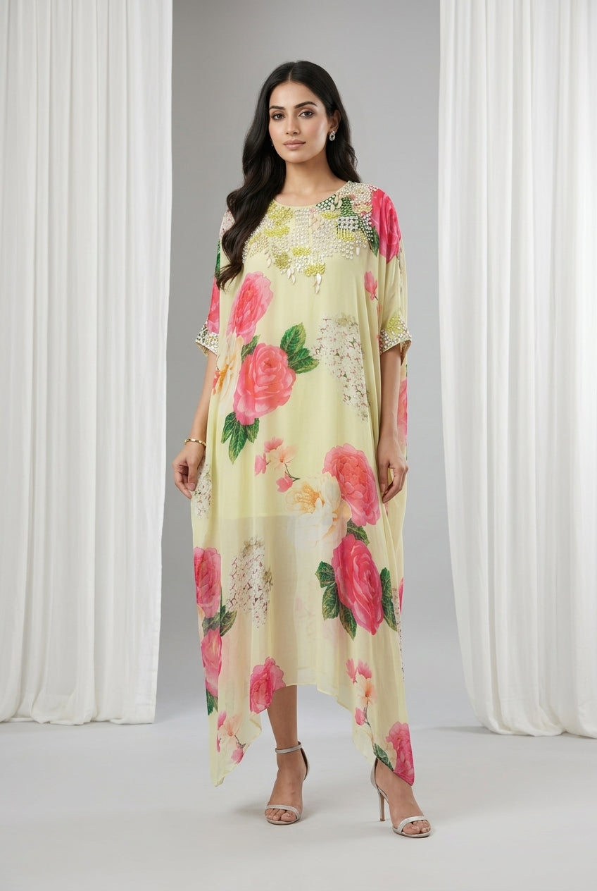 Pale Yellow Embellished Georgette Kaftan Tunic
