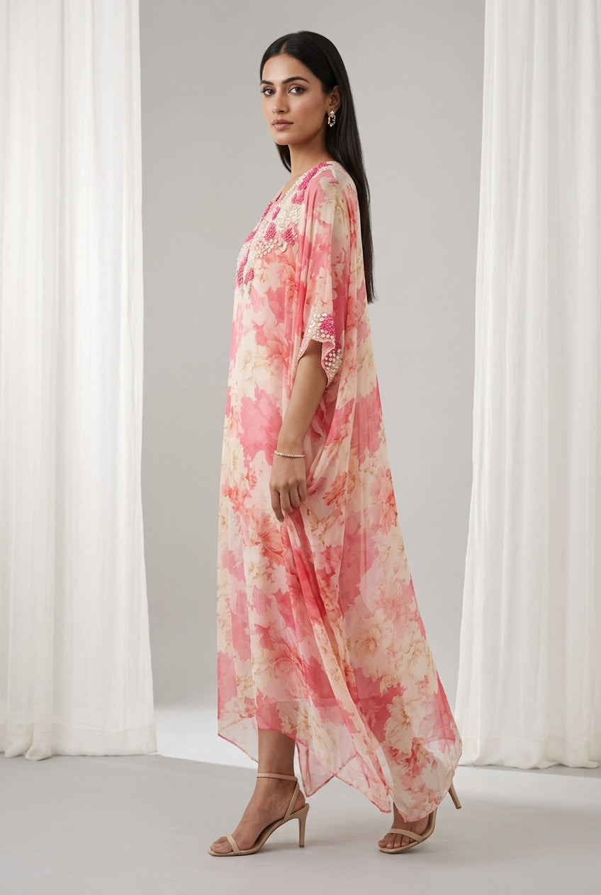 Coral Pink Embellished Georgette Kaftan Tunic