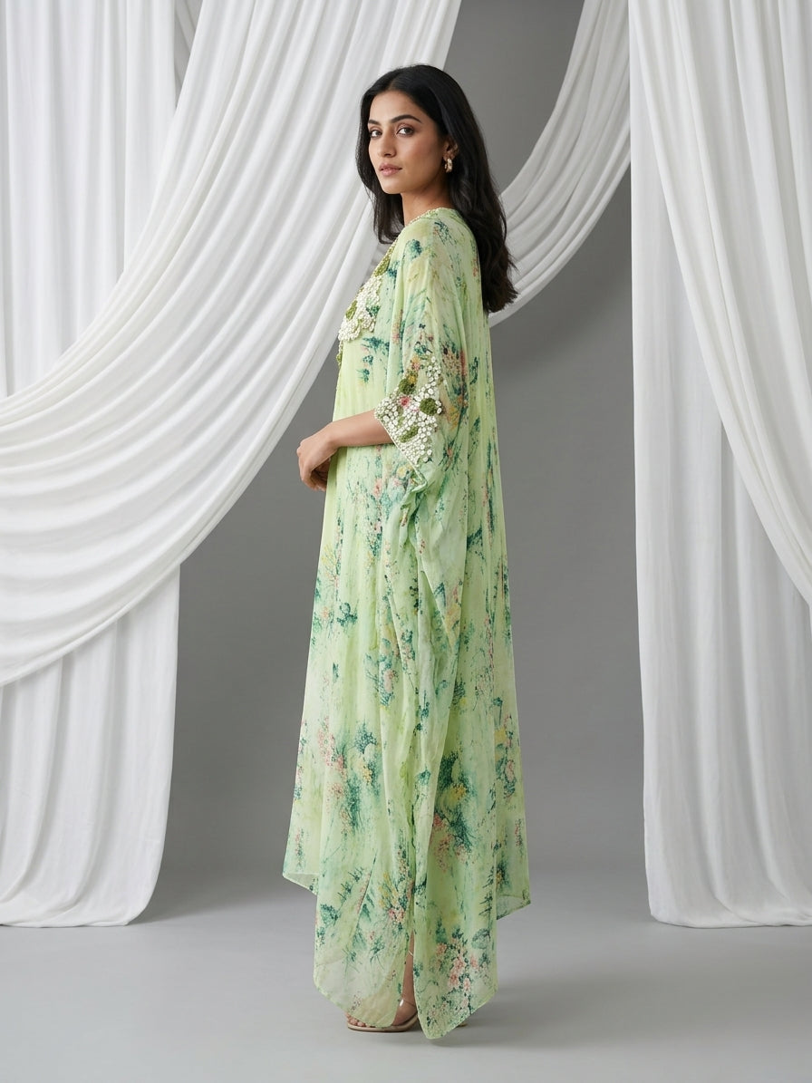 Mint Green Printed Georgette Kaftan Tunic