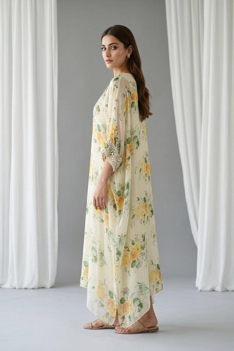Butter Yellow Embellished Georgette Kaftan Tunic
