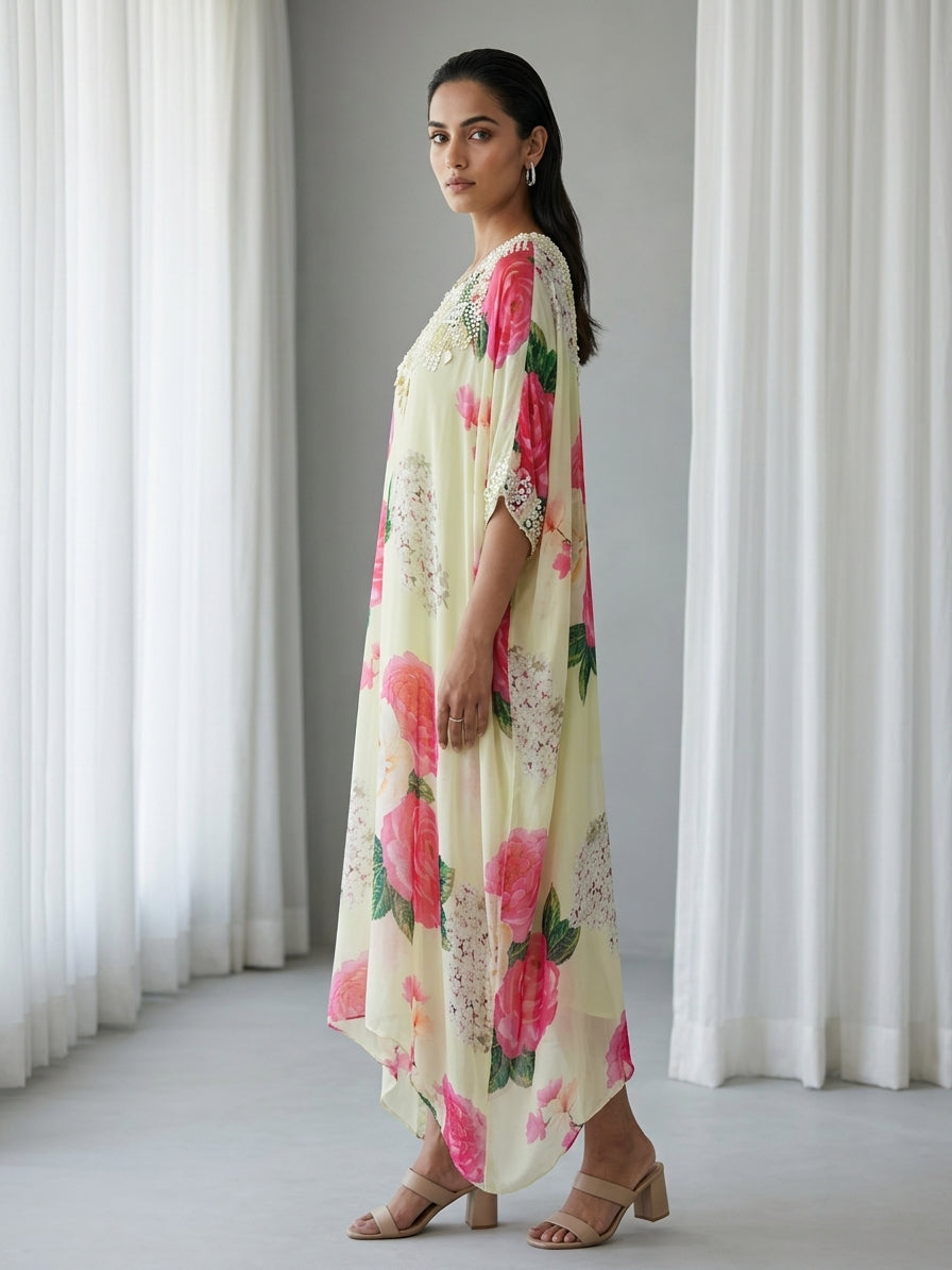 Pale Yellow Embellished Georgette Kaftan Tunic