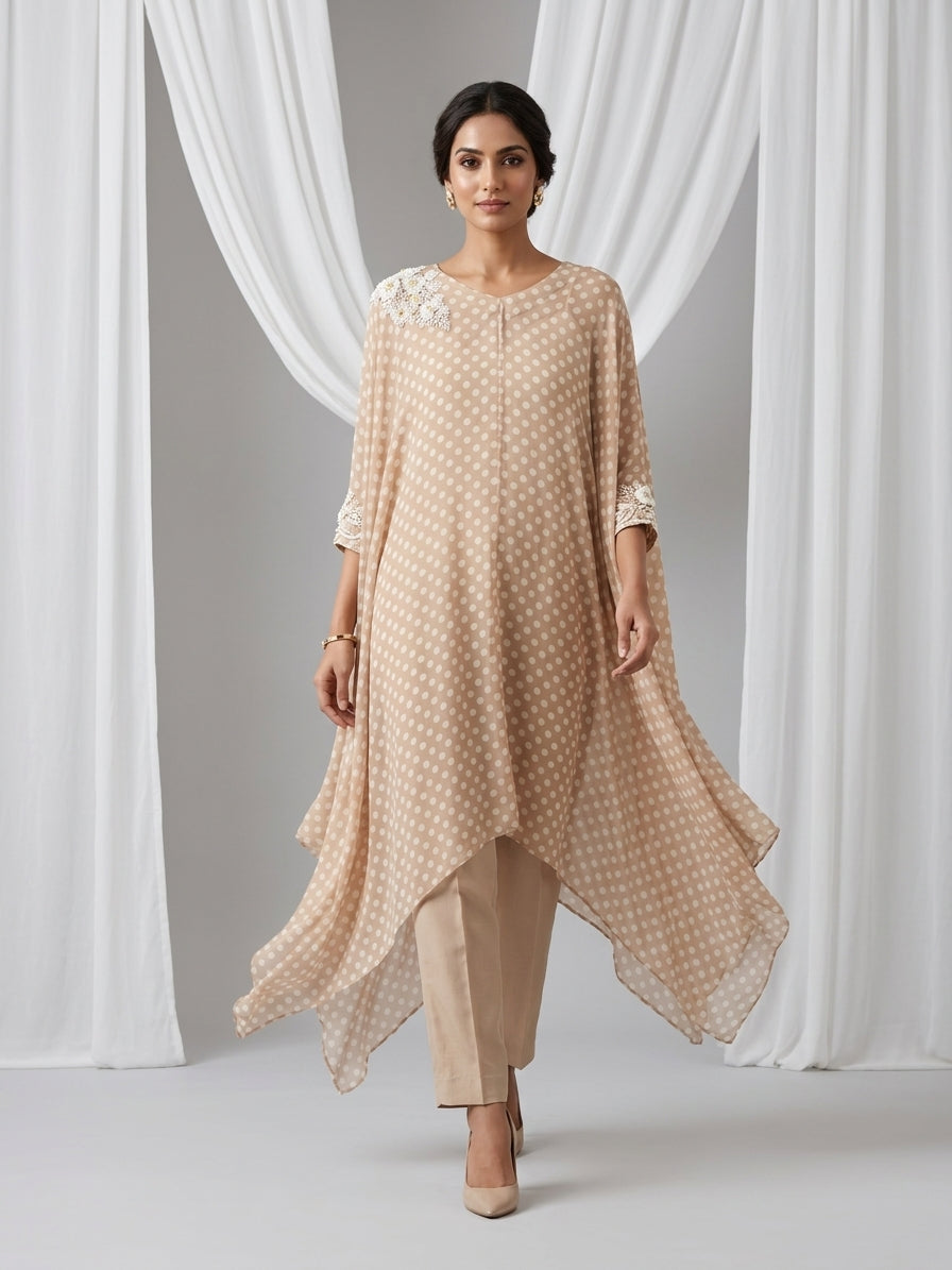 Beige Polka Embellished Georgette Kaftan Tunic