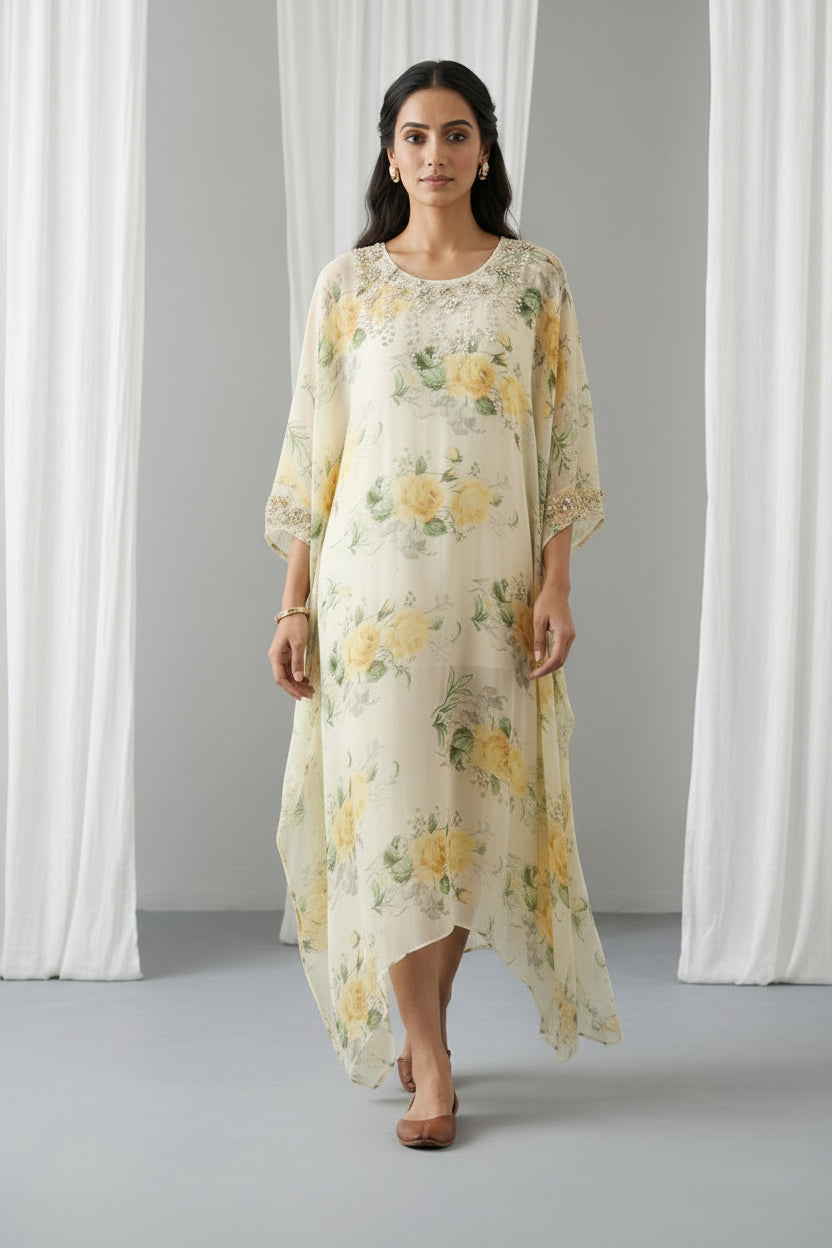Ivory Yellow Embellished Georgette Kaftan Tunic