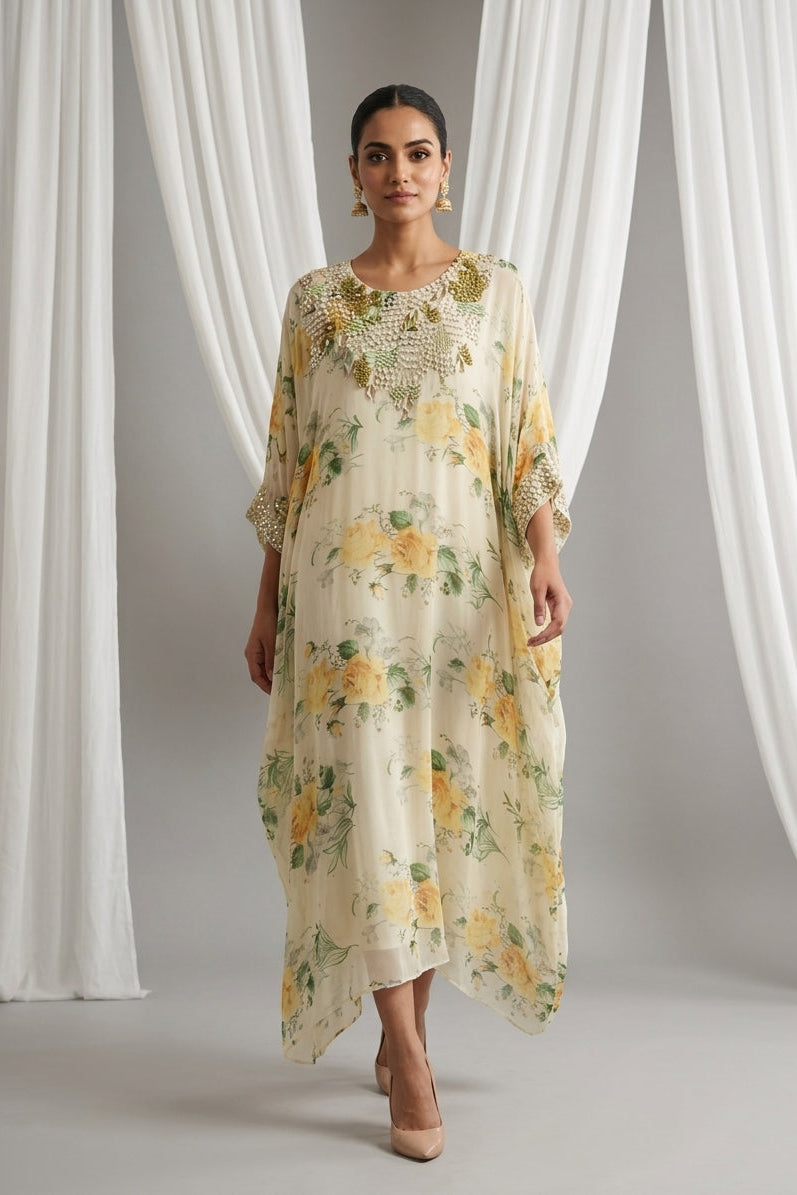 Butter Yellow Embellished Georgette Kaftan Tunic