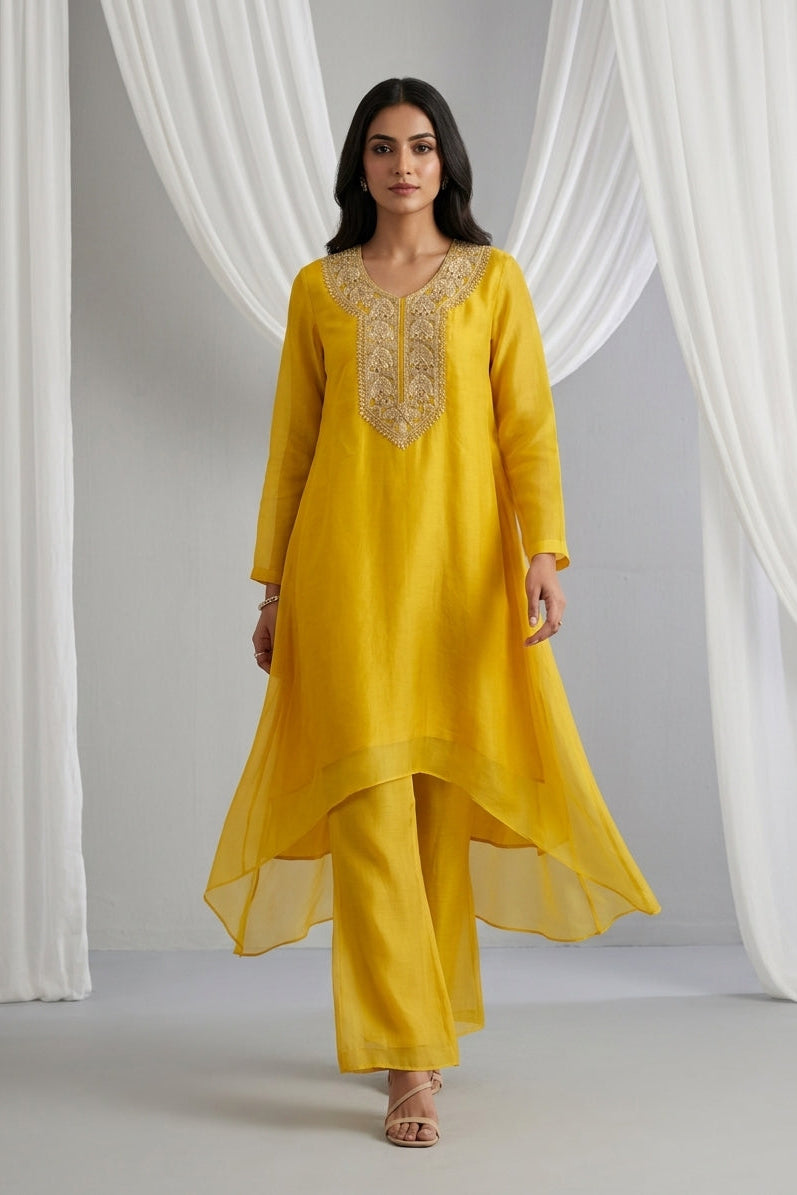 Bright Yellow Embroidered Organza Kurta Tunic