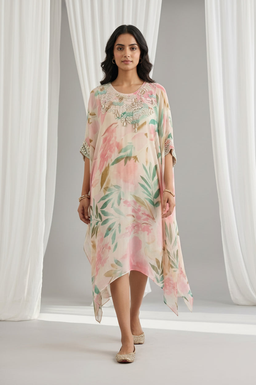 Light Pink Embellished Georgette Kaftan Tunic
