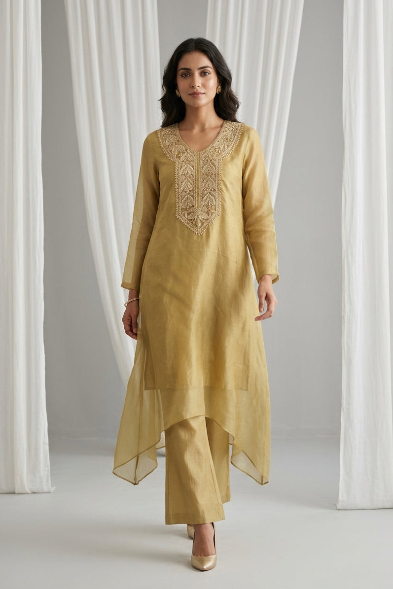 Muted Gold Embellished Organza Kurta Tunic