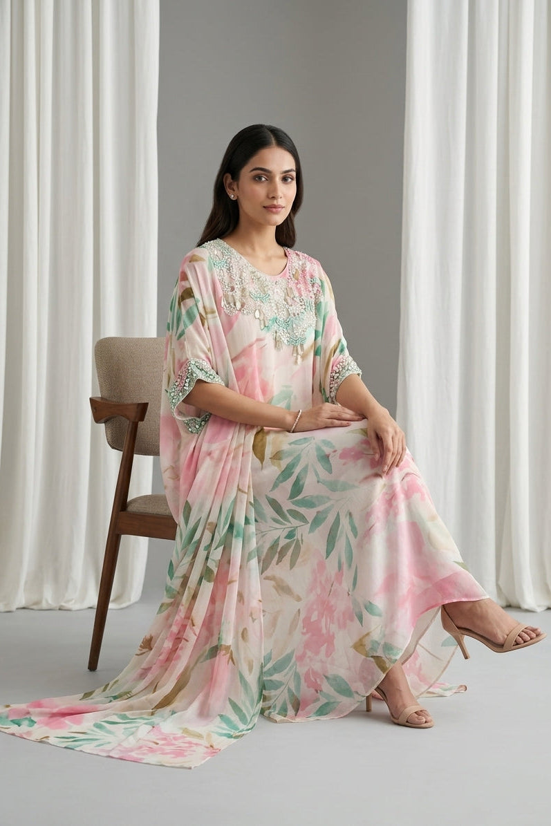 Light Pink Embellished Georgette Kaftan Tunic