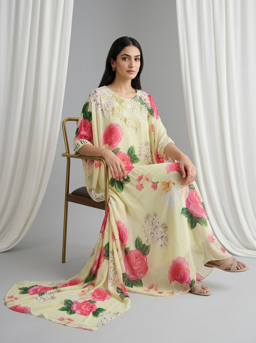 Pale Yellow Embellished Georgette Kaftan Tunic