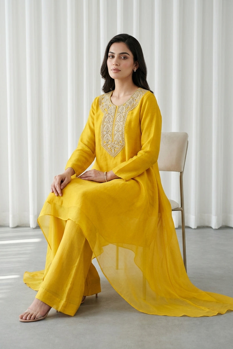 Bright Yellow Embroidered Organza Kurta Tunic