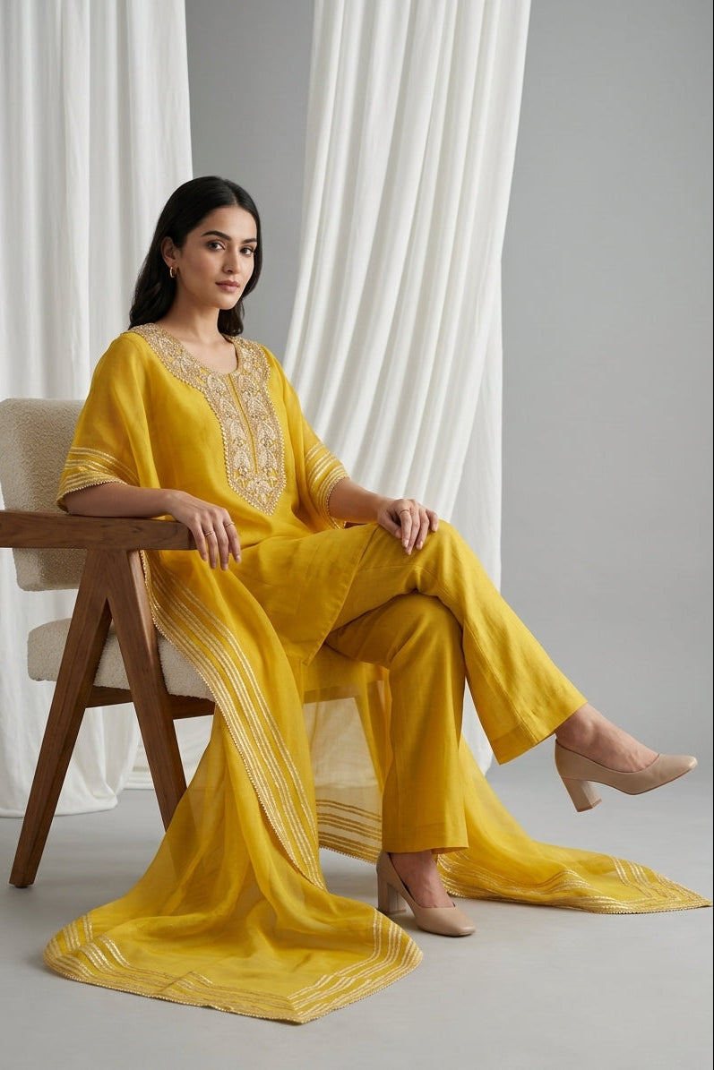 Canary Yellow Embroidered Organza Kaftan Tunic