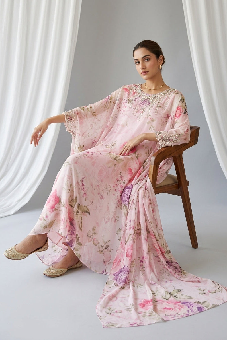 Light Pink Embellished Georgette Kaftan Tunic