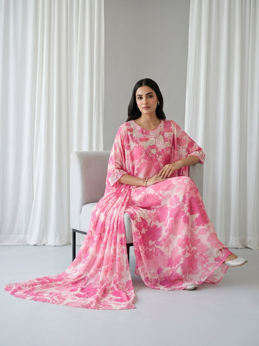 Pink Rose Printed Georgette Kaftan Tunic