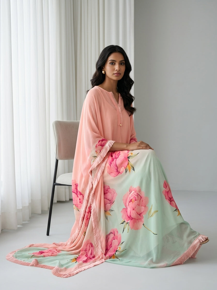 Peach Blush Printed Georgette Kaftan Tunic
