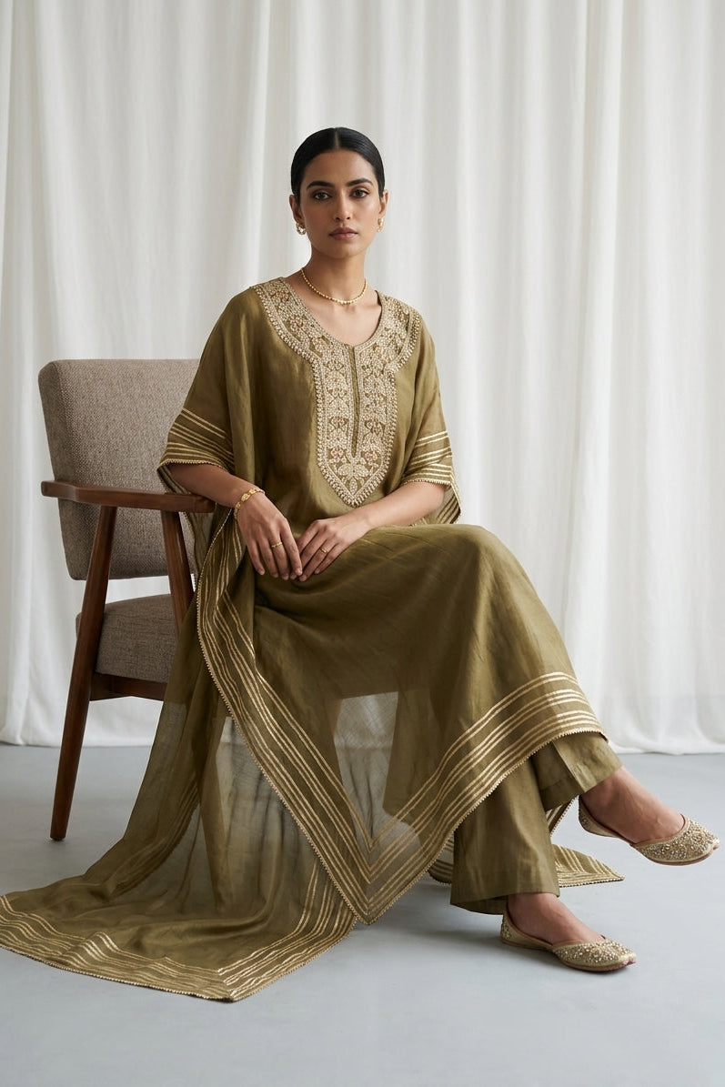Olive Embroidered Organza Kaftan Tunic