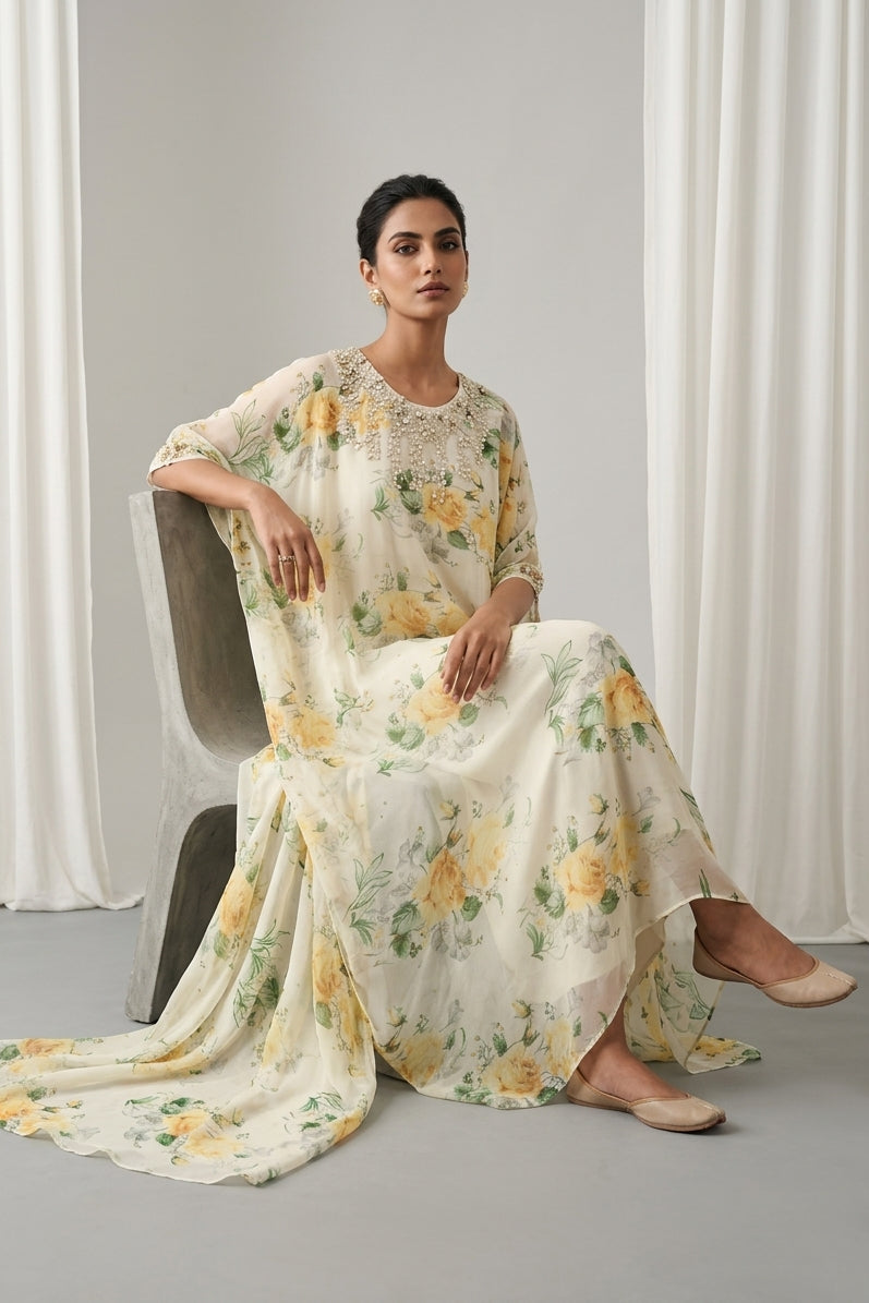 Ivory Yellow Embellished Georgette Kaftan Tunic