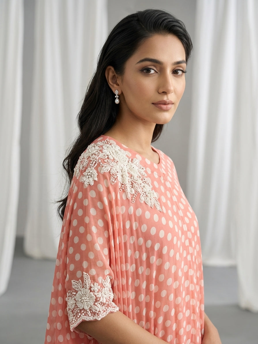 Peach Polka Embellished Georgette Kaftan Tunic