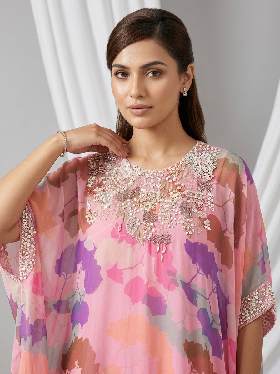 Multicolor Embellished Georgette Kaftan Tunic