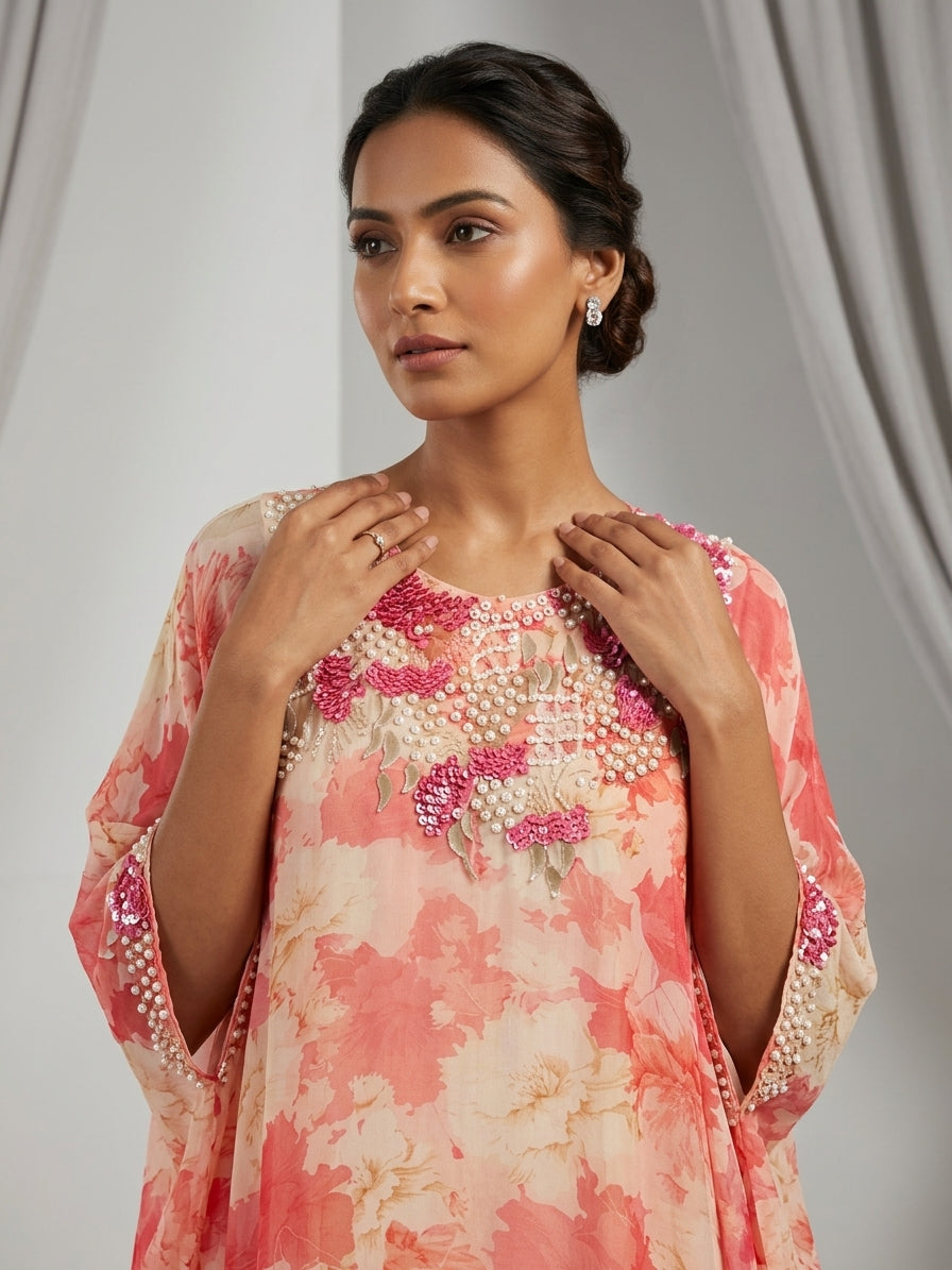 Coral Pink Embellished Georgette Kaftan Tunic