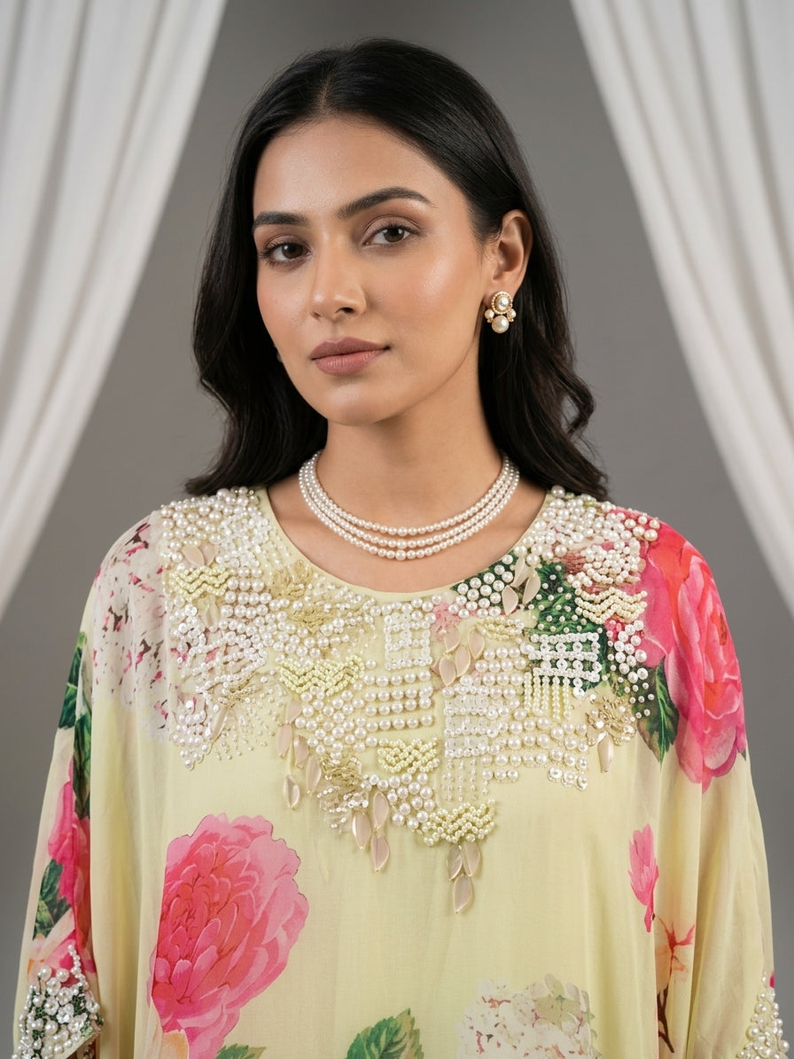 Pale Yellow Embellished Georgette Kaftan Tunic
