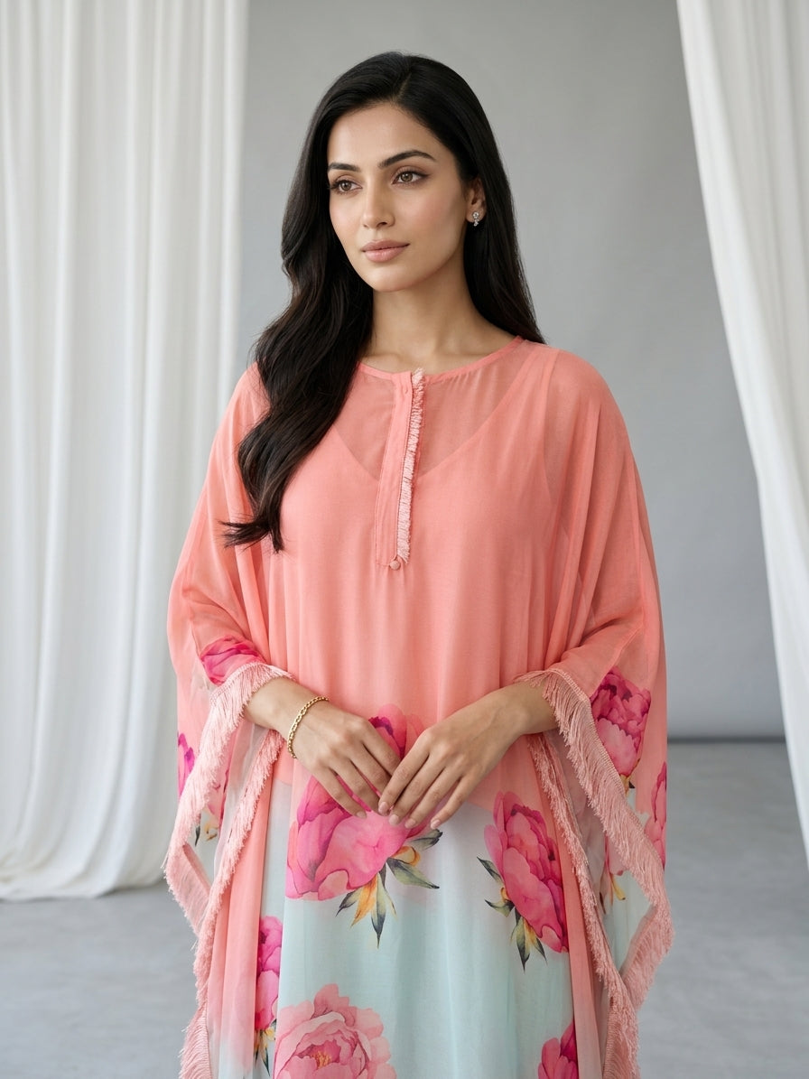 Peach Blush Printed Georgette Kaftan Tunic