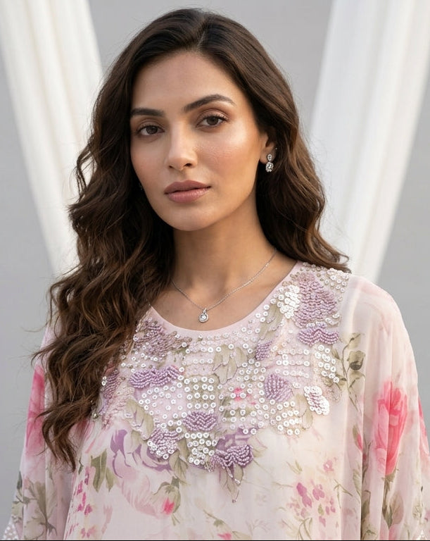 Blush Lilac Embellished Georgette Kaftan Tunic