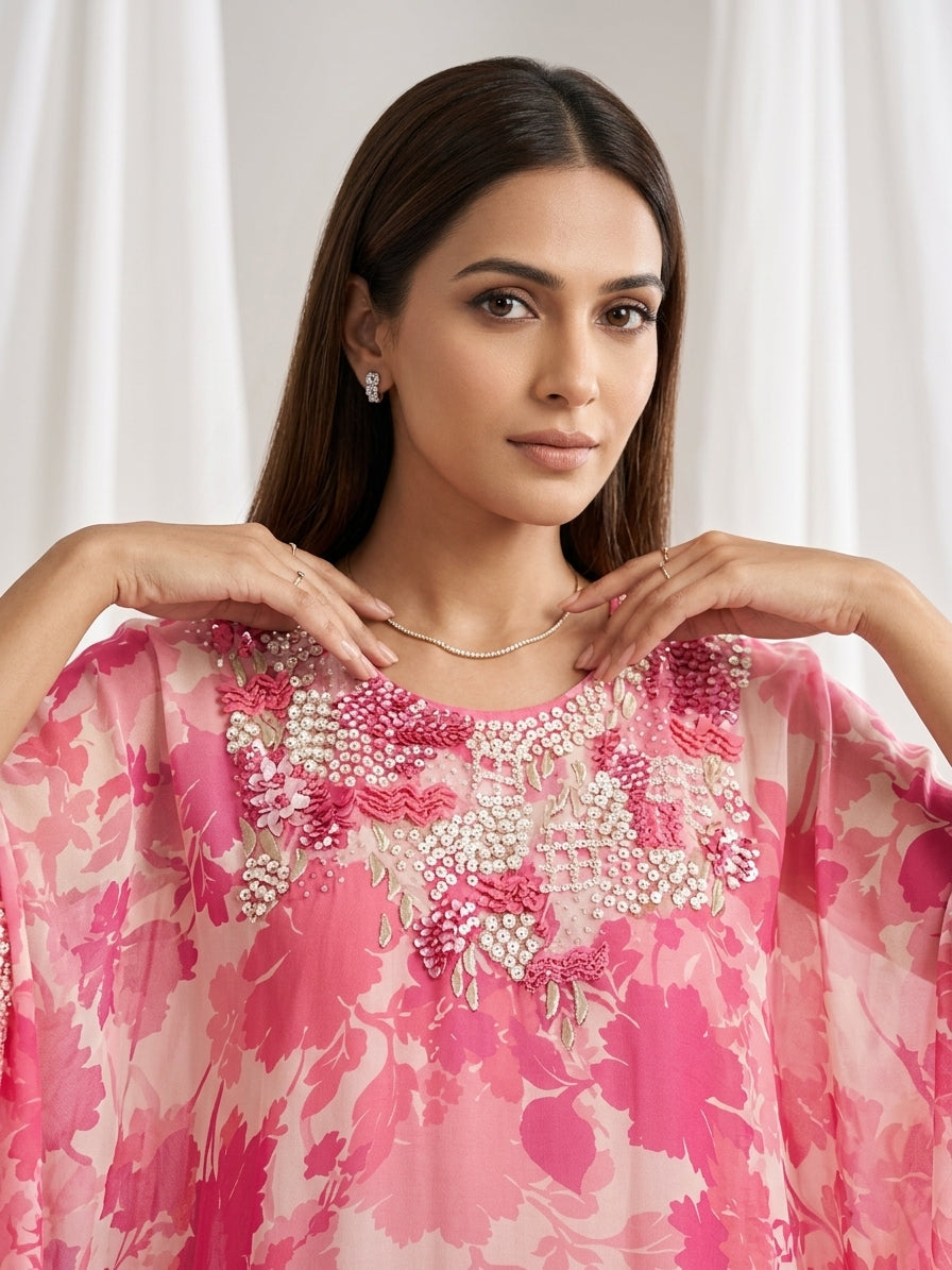 Pink Rose Printed Georgette Kaftan Tunic