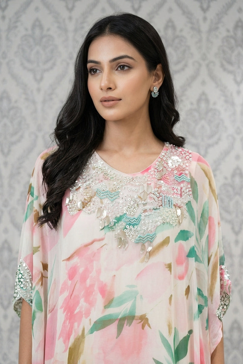 Light Pink Embellished Georgette Kaftan Tunic