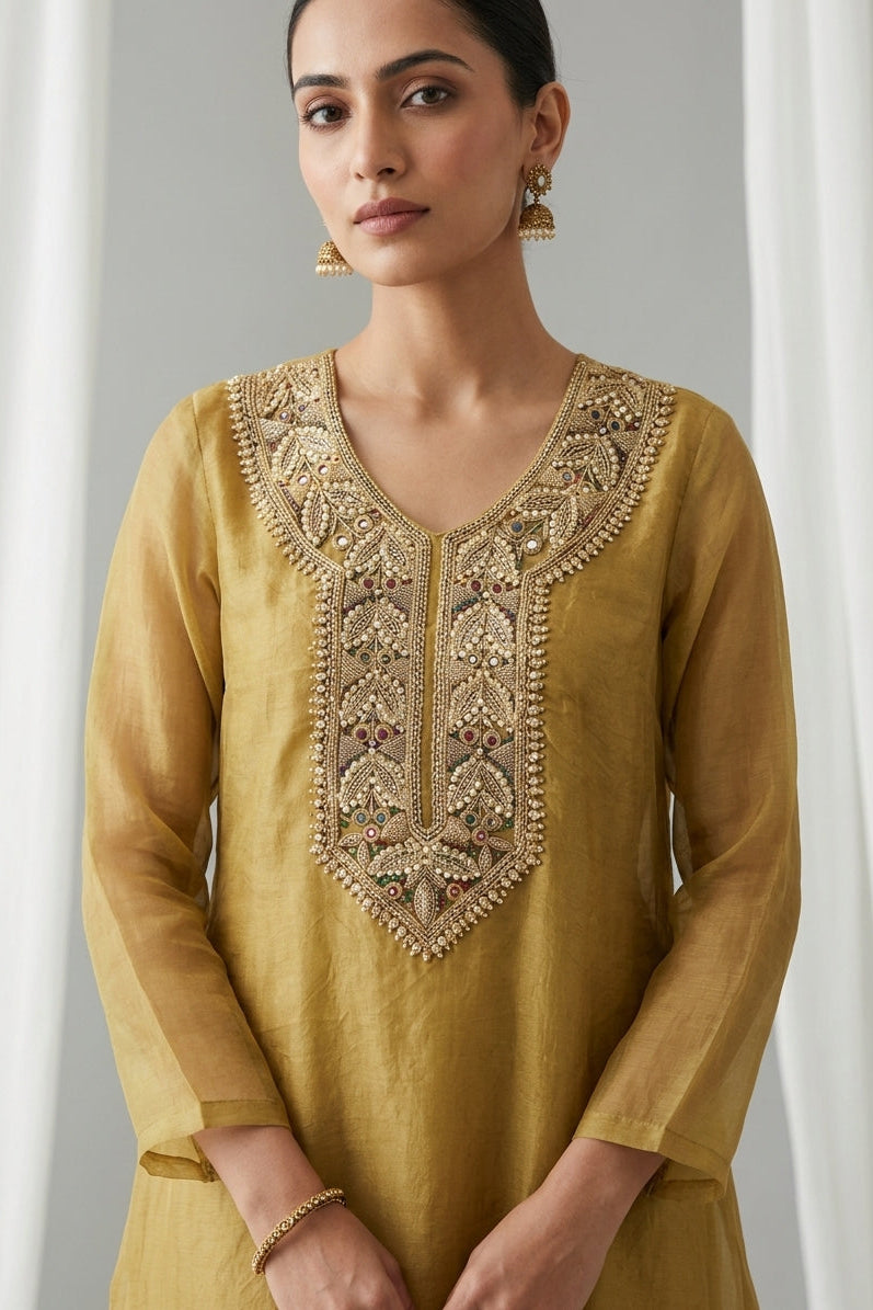 Muted Gold Embellished Organza Kurta Tunic