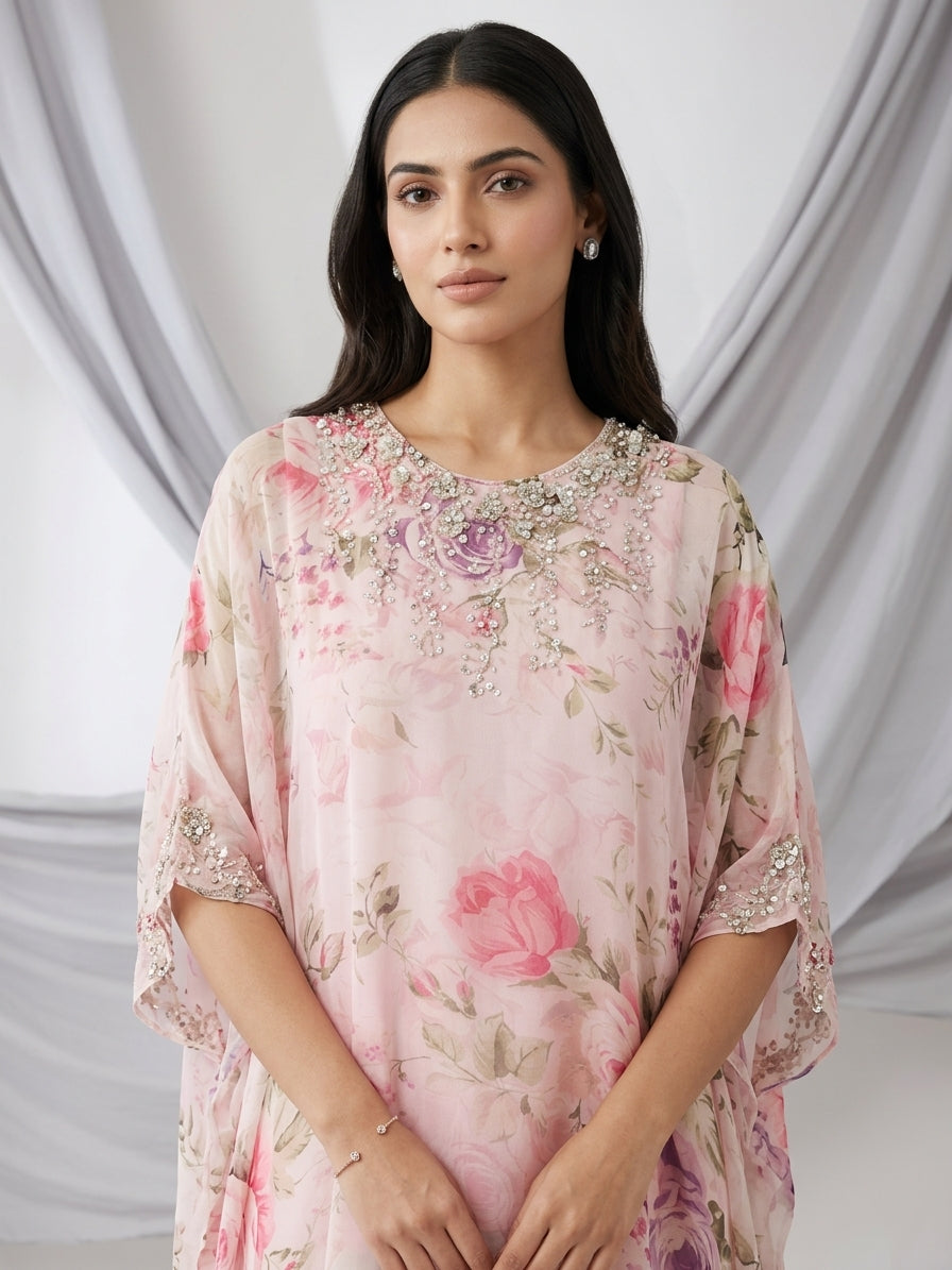 Light Pink Embellished Georgette Kaftan Tunic