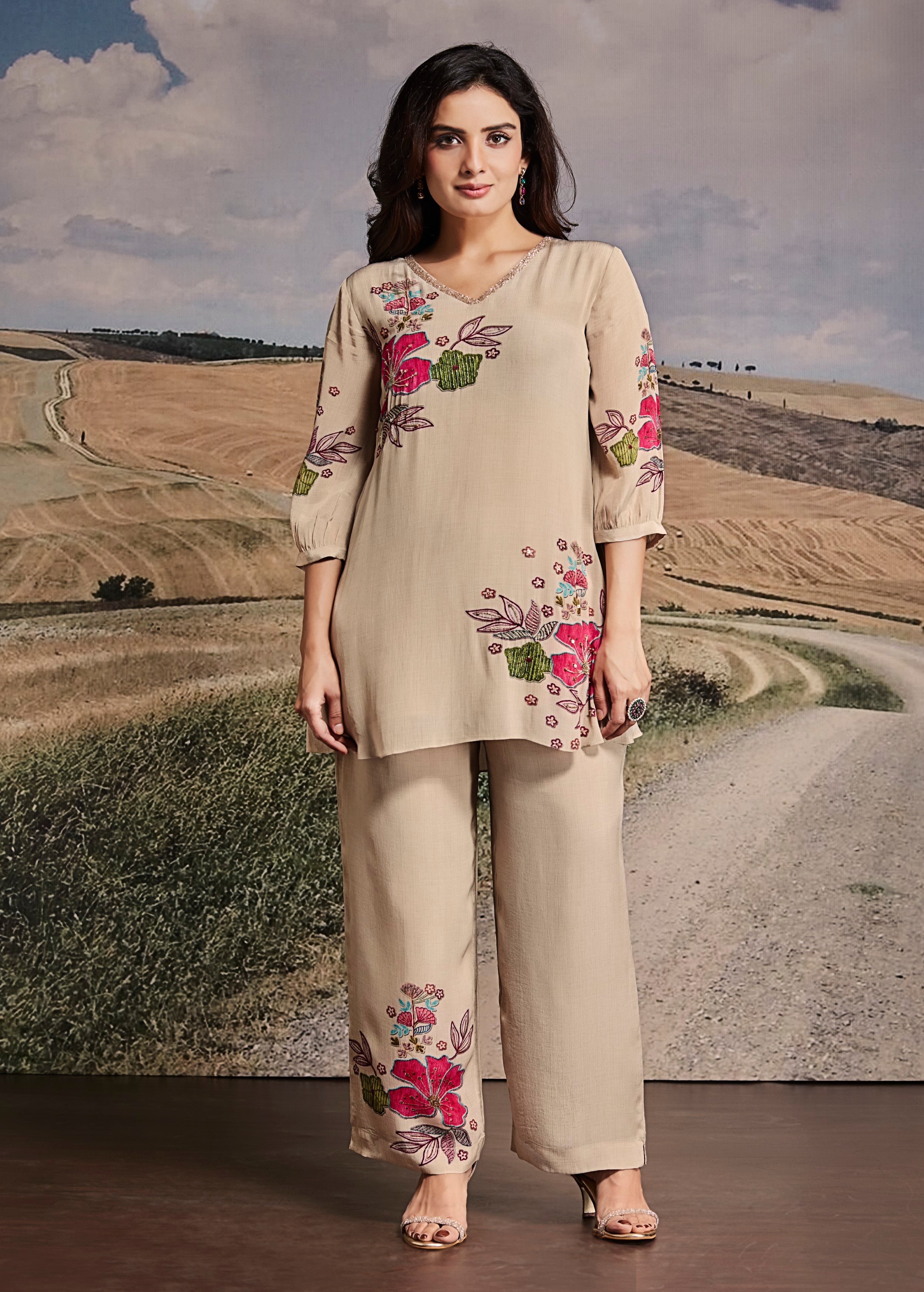 Beige Embellished Georgette Silk Co-Ord Set