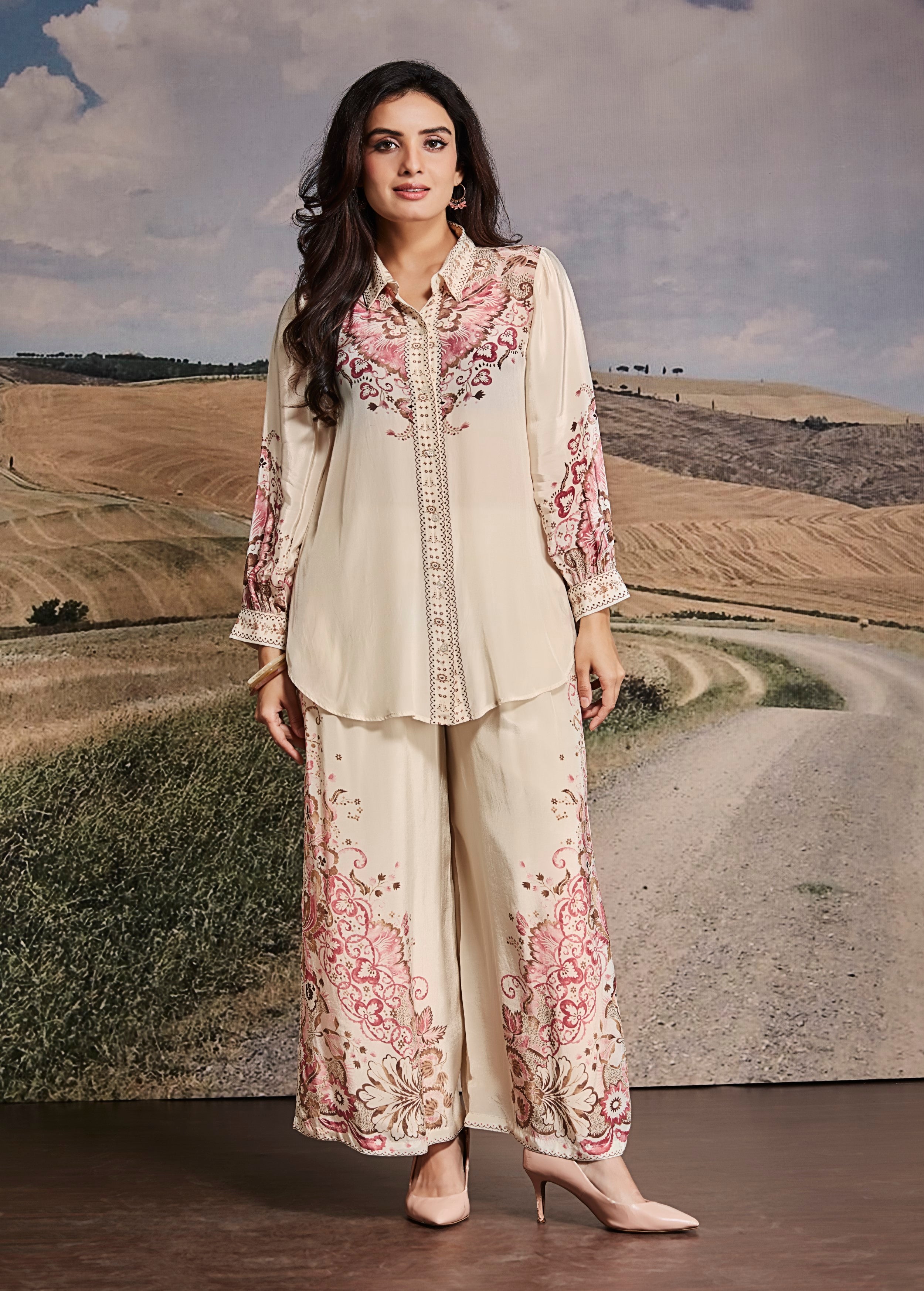 Ivory Printed Georgette Silk Co-Ord Set