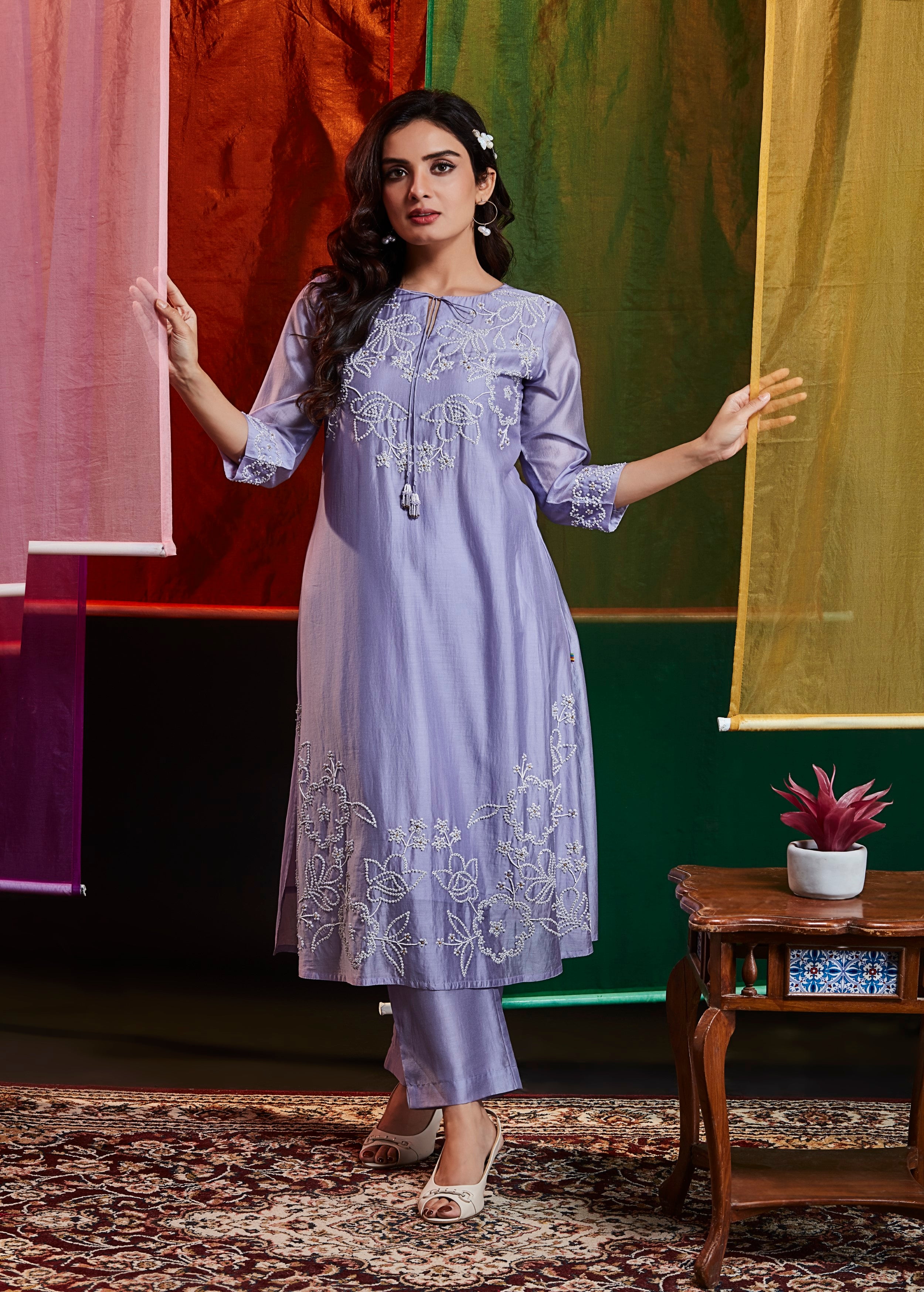 Lavender Embellished Crepe Silk Kurta Set