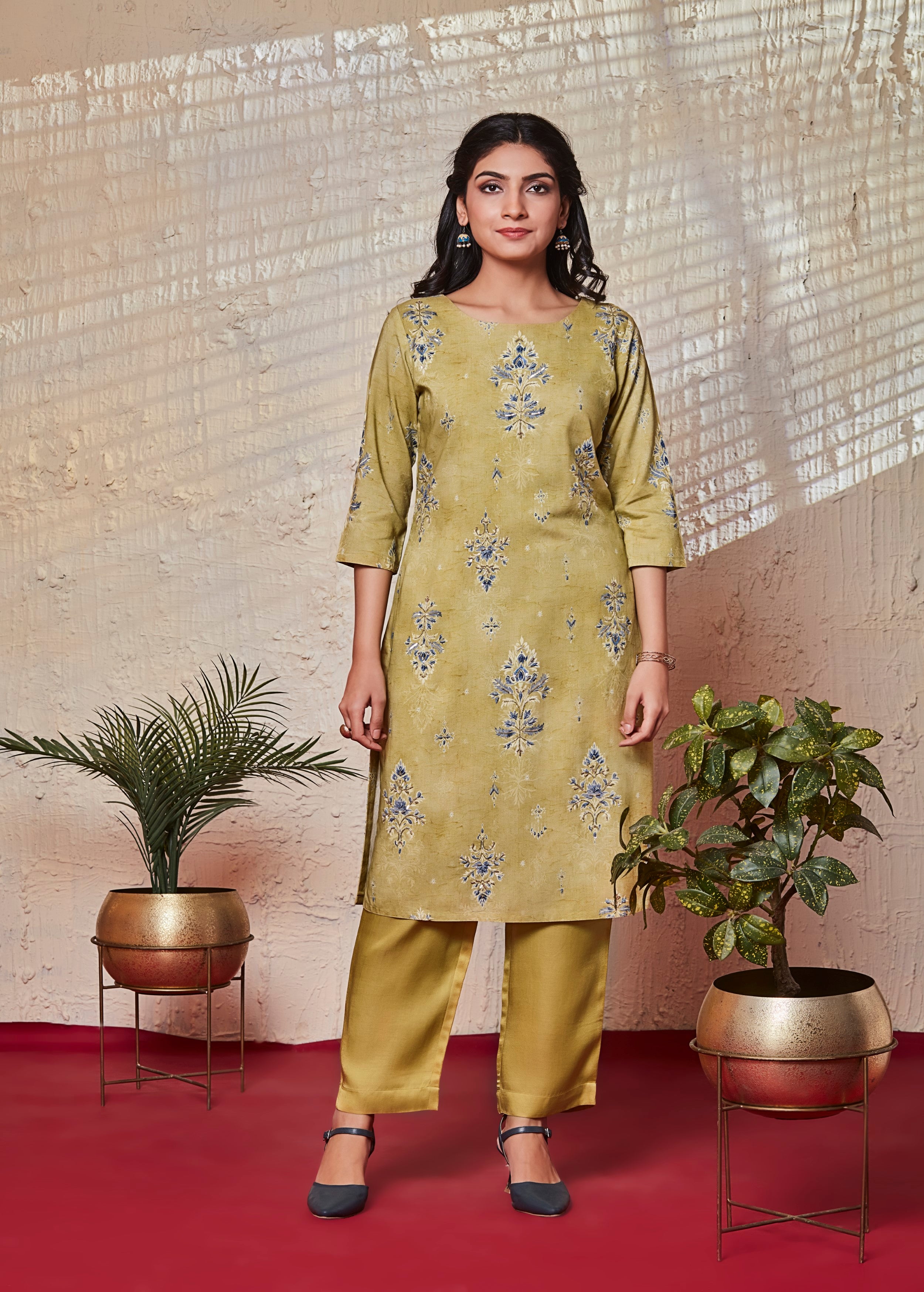 Mustard Green Printed Muslin Silk Kurta Set