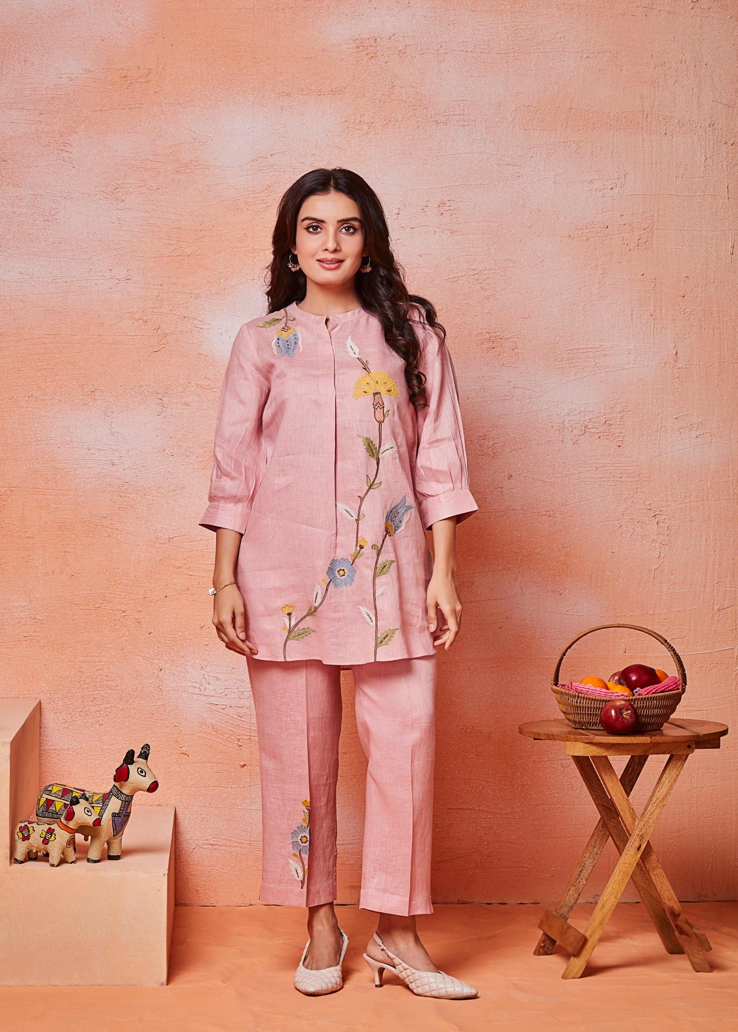 Pink Floral Embroidered Cotton Linen Co-Ord Set