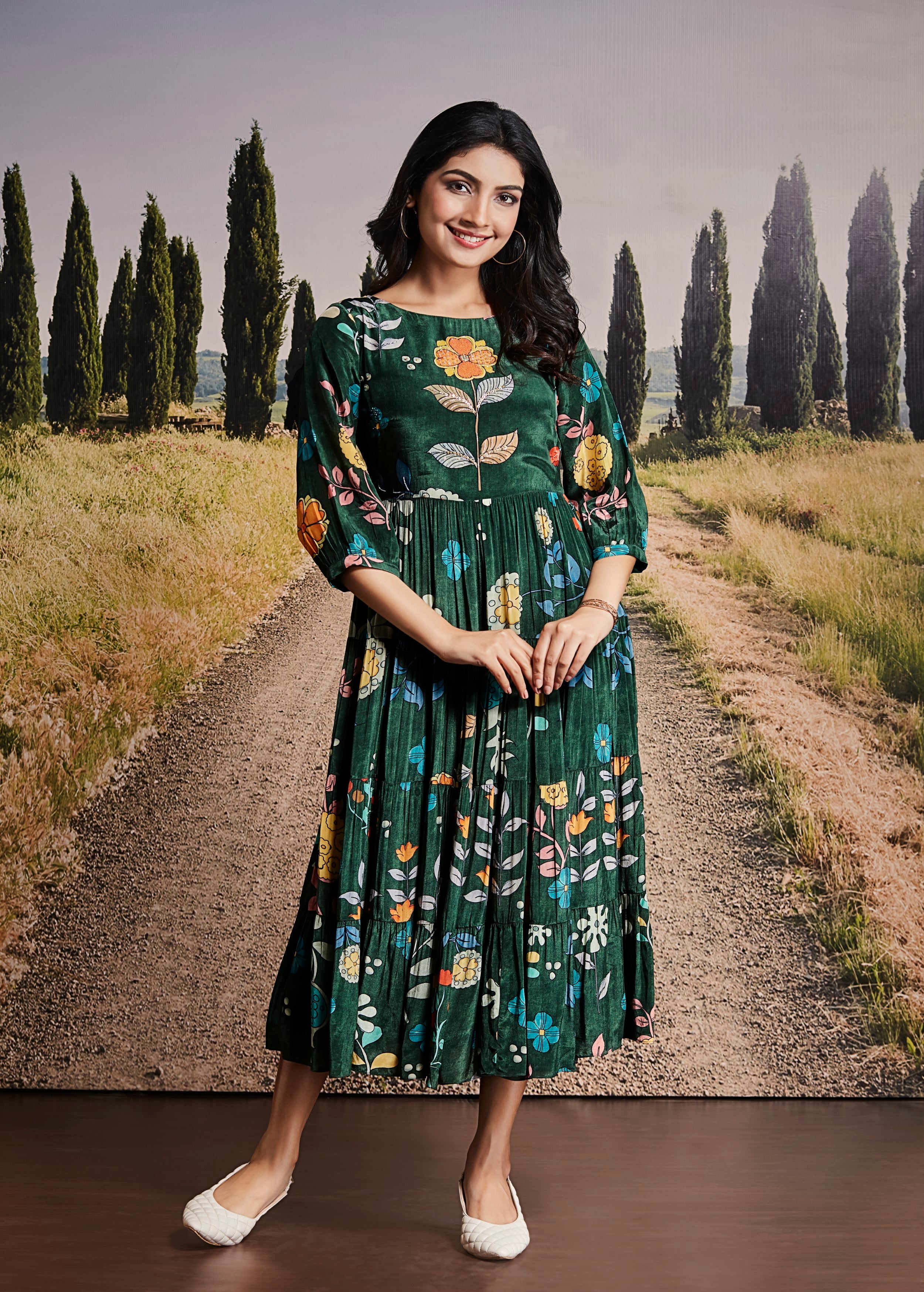 Emerald Green Floral Printed Muslin Silk Dress