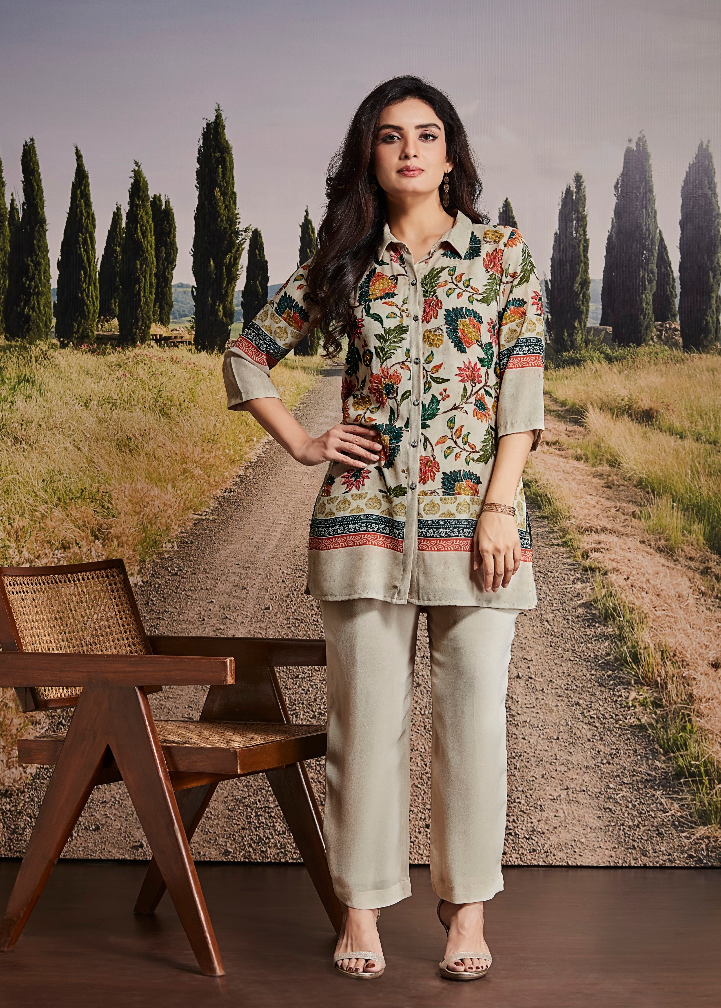 Light Beige Floral Printed Chinon Silk Co-Ord Set