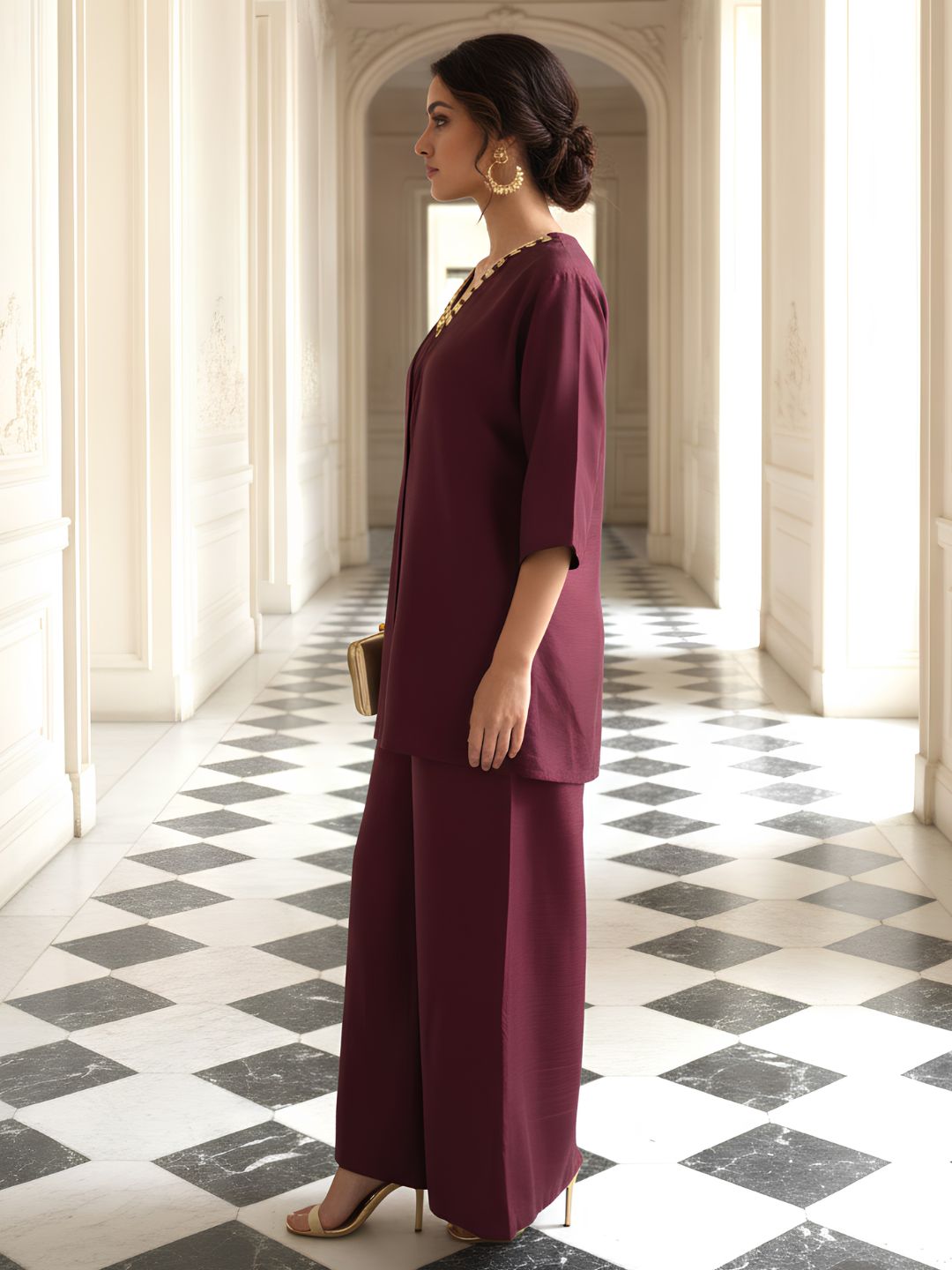 Maroon Muse Embellished Premium Silk Co-Ord Set