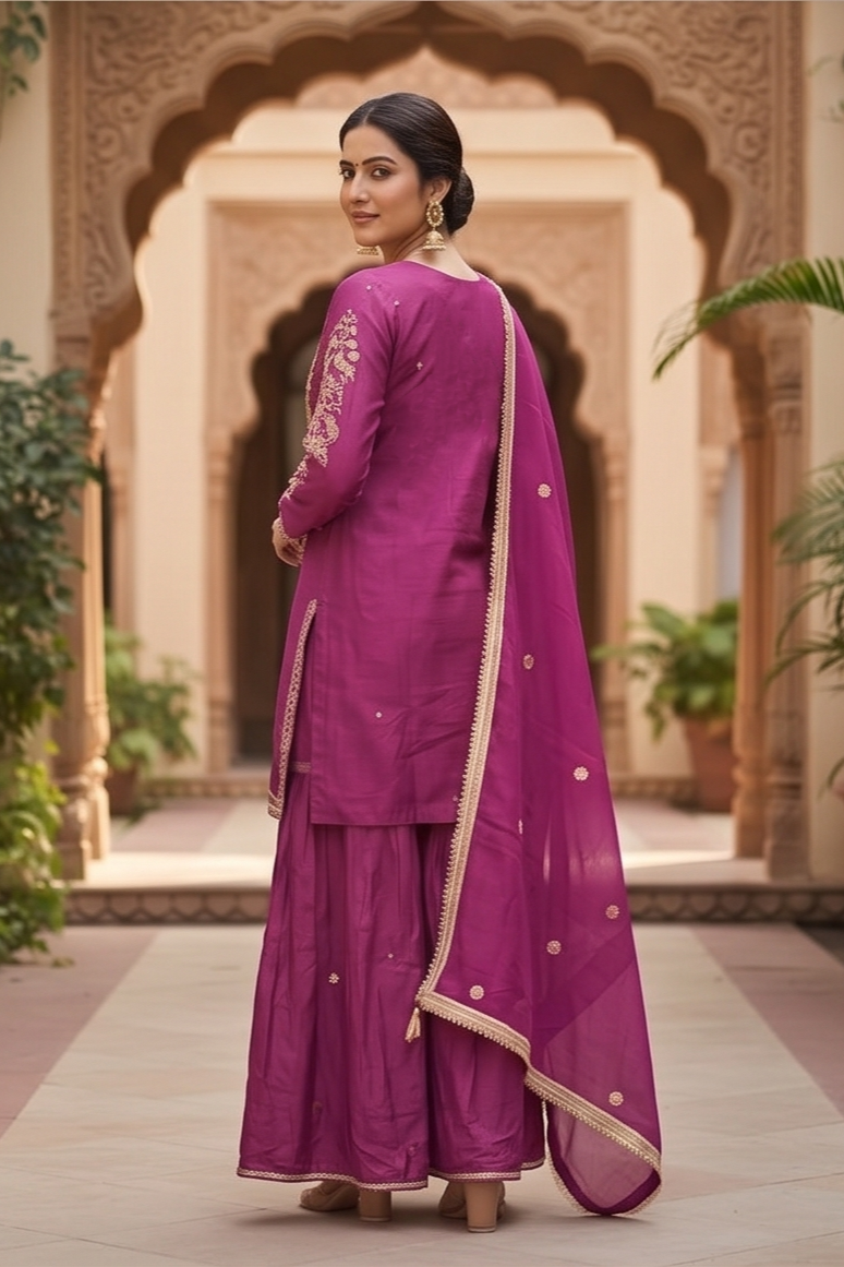 Plum Purple Embroidered Premium Silk Palazzo Set