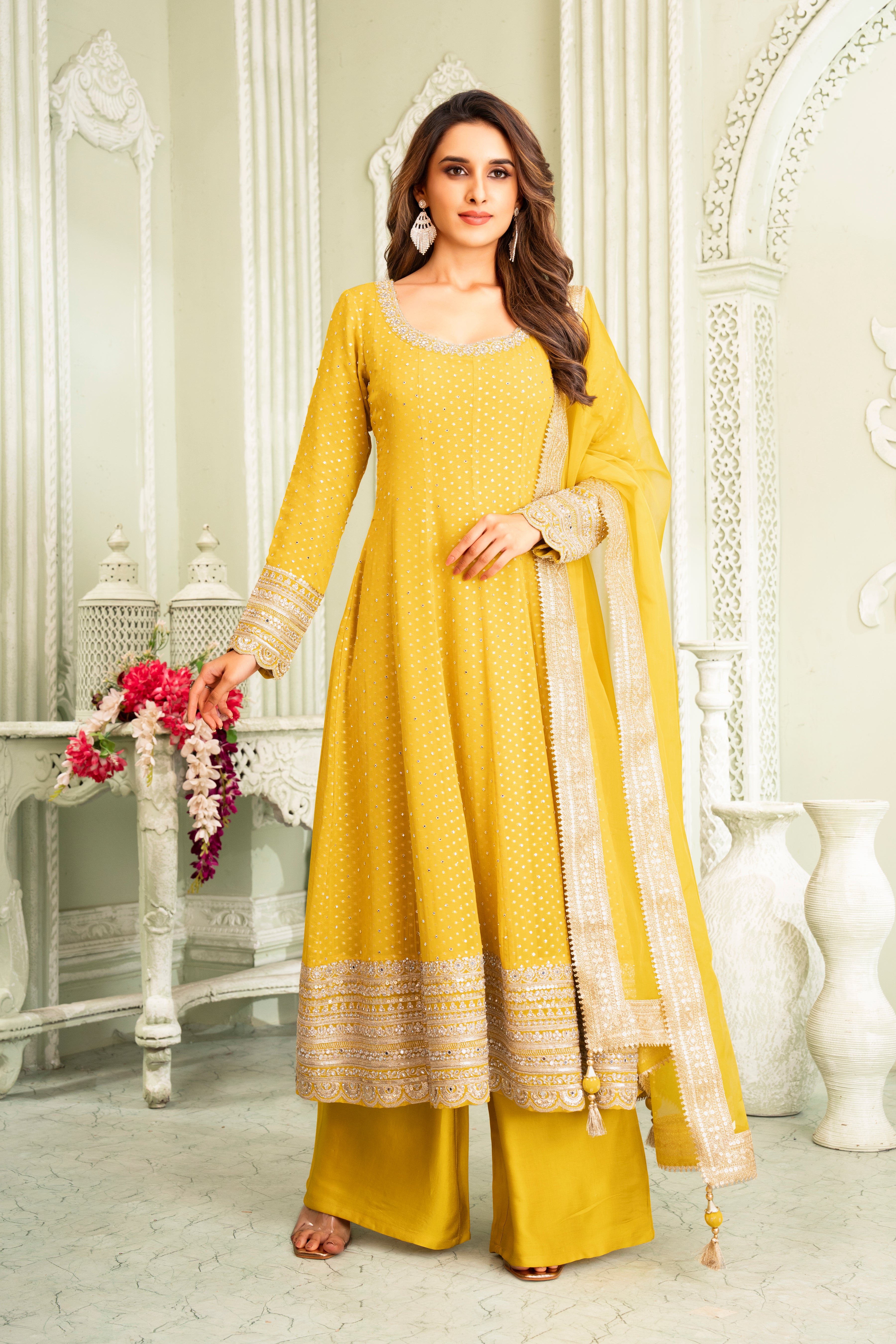 Yellow Embellished Anarkali Set