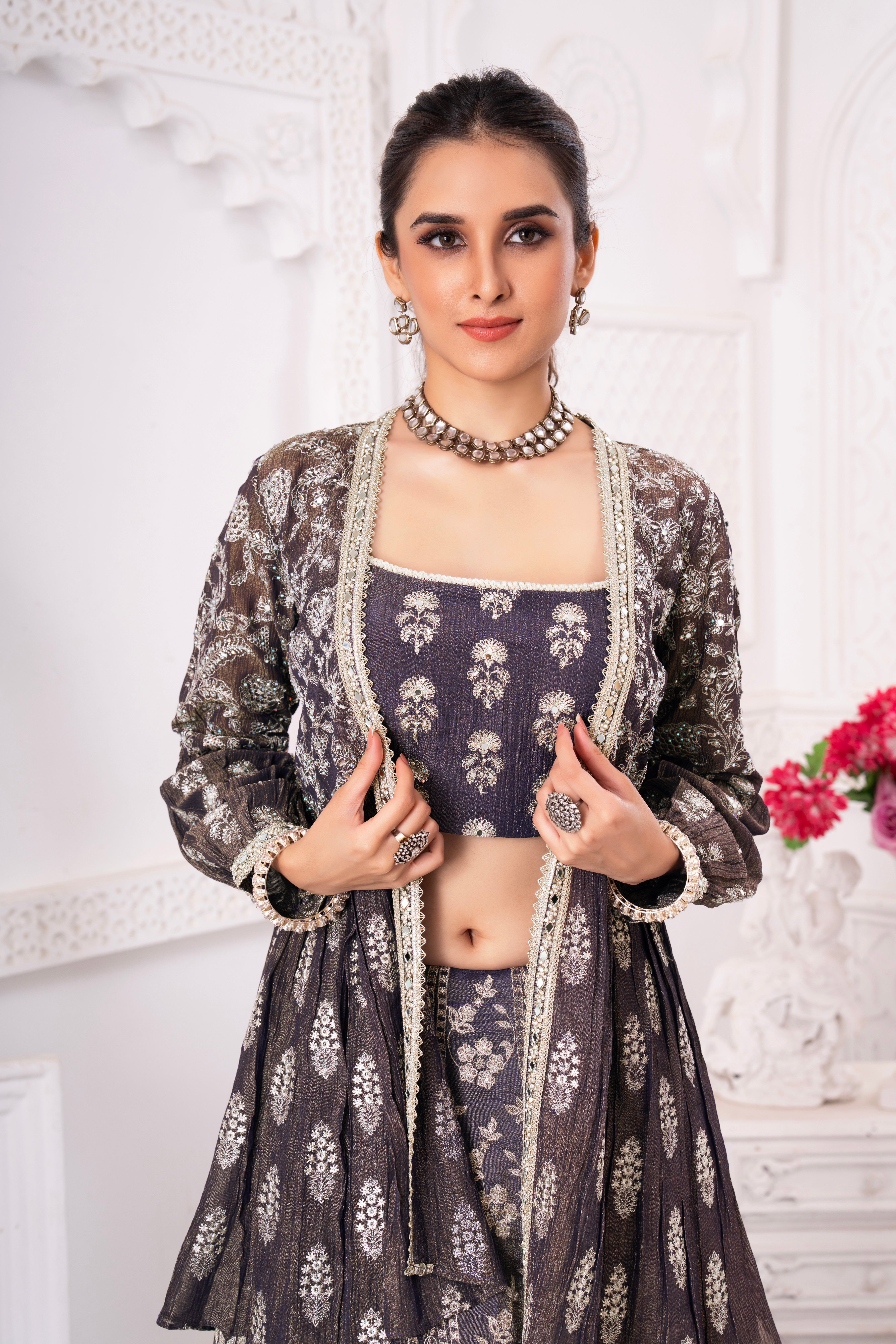 Shimmer Purple Floral Handwork Cape Lehenga Set