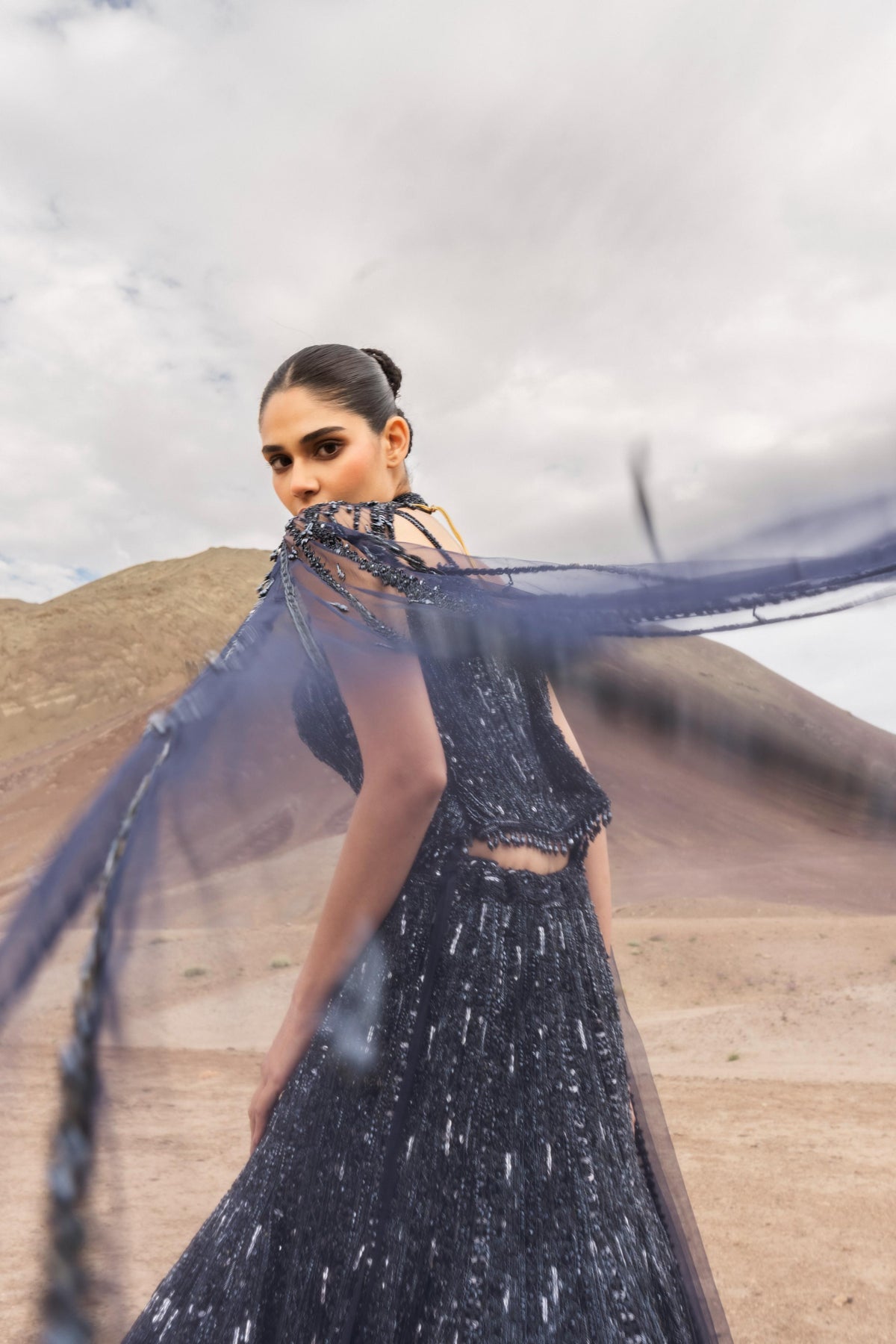 Midnight Navy Blue Embellished Premium Net Lehenga Set