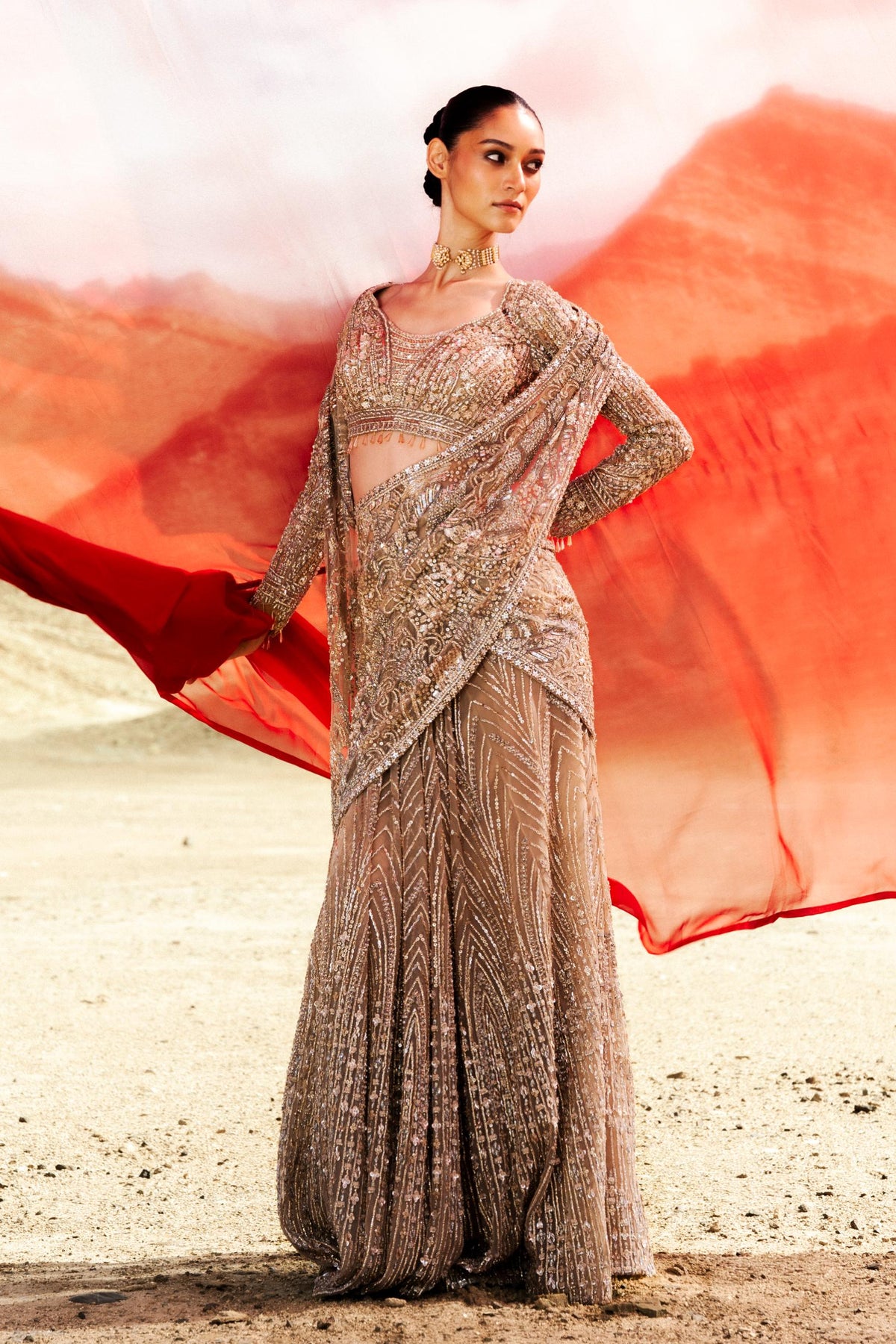Metallic Gold Embellished Premium Net Saree Lehenga