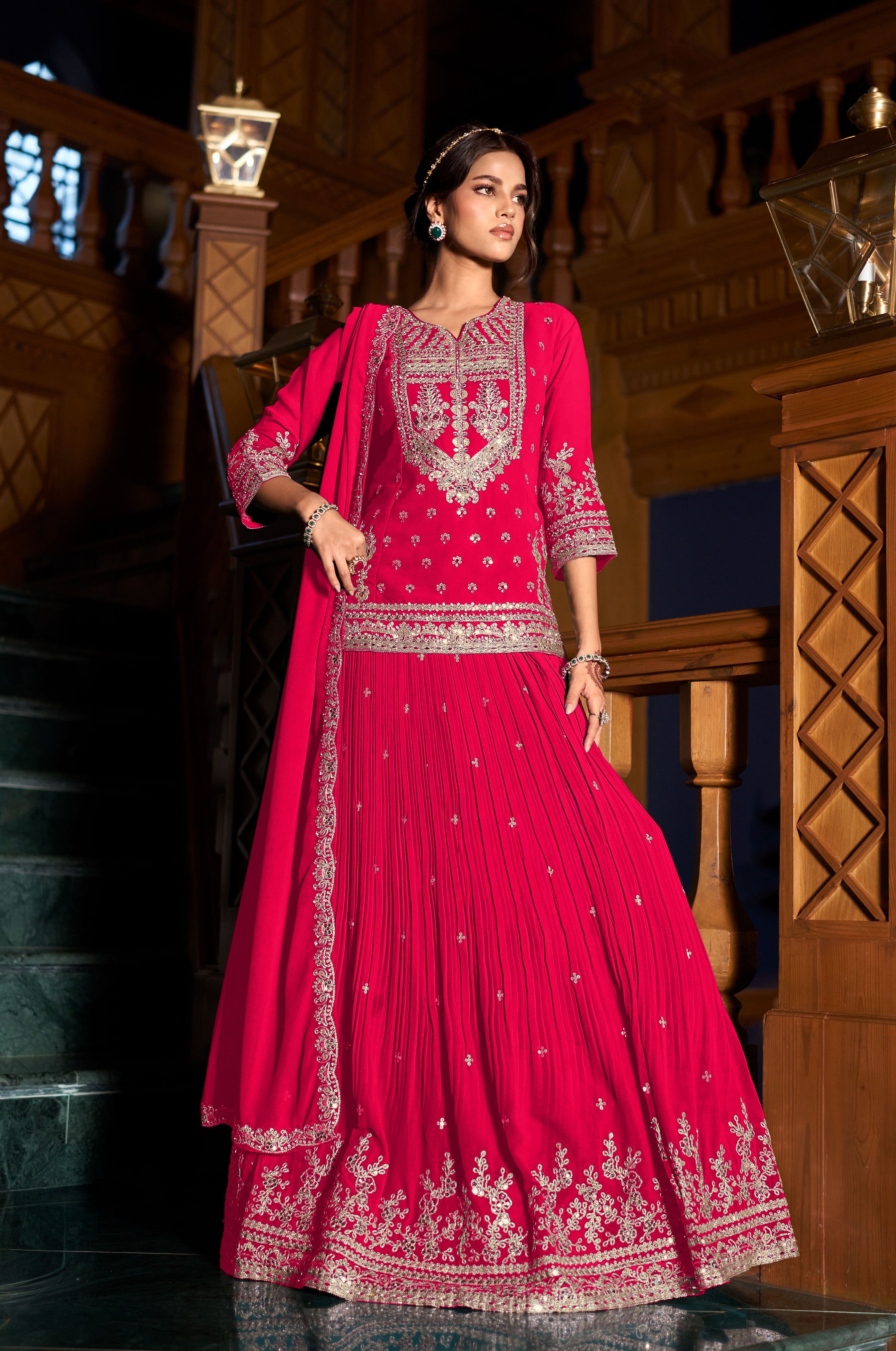 Rani Pink Embellished Georgette Silk Skirt Set