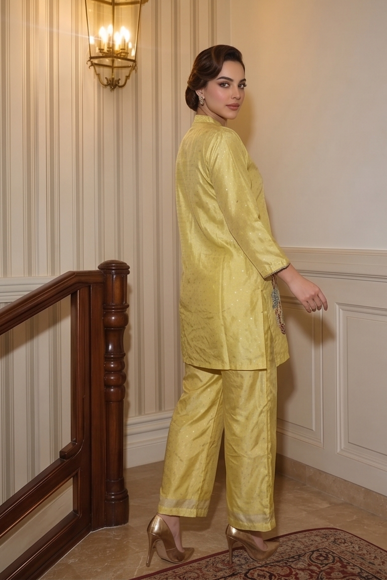 Butter Yellow Embellished Crepe Silk Pant Set