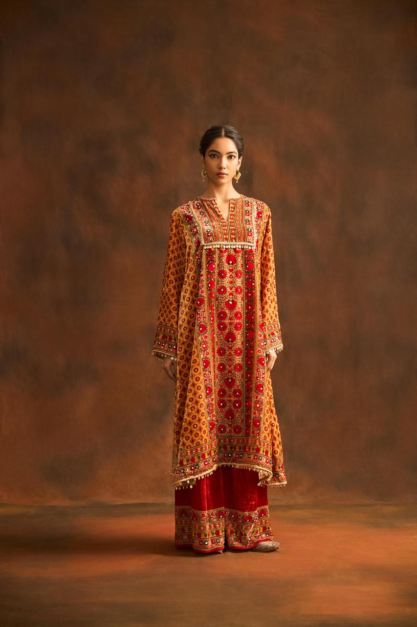 Red Ethnic Printed Velvet Silk Kurta Palazzo Set